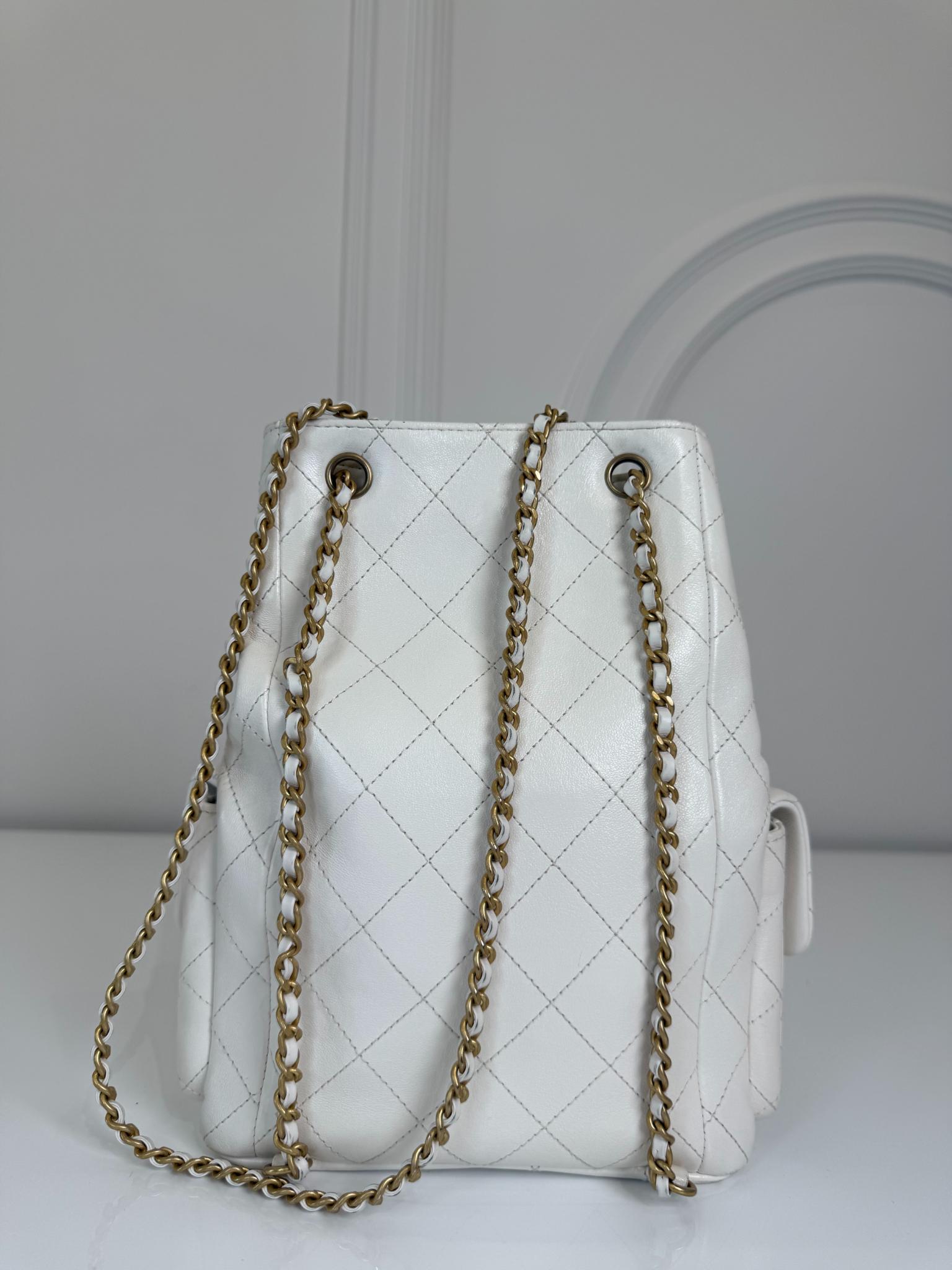 Chanel White Lambskin Matelasse Chain Drawstring Backpack