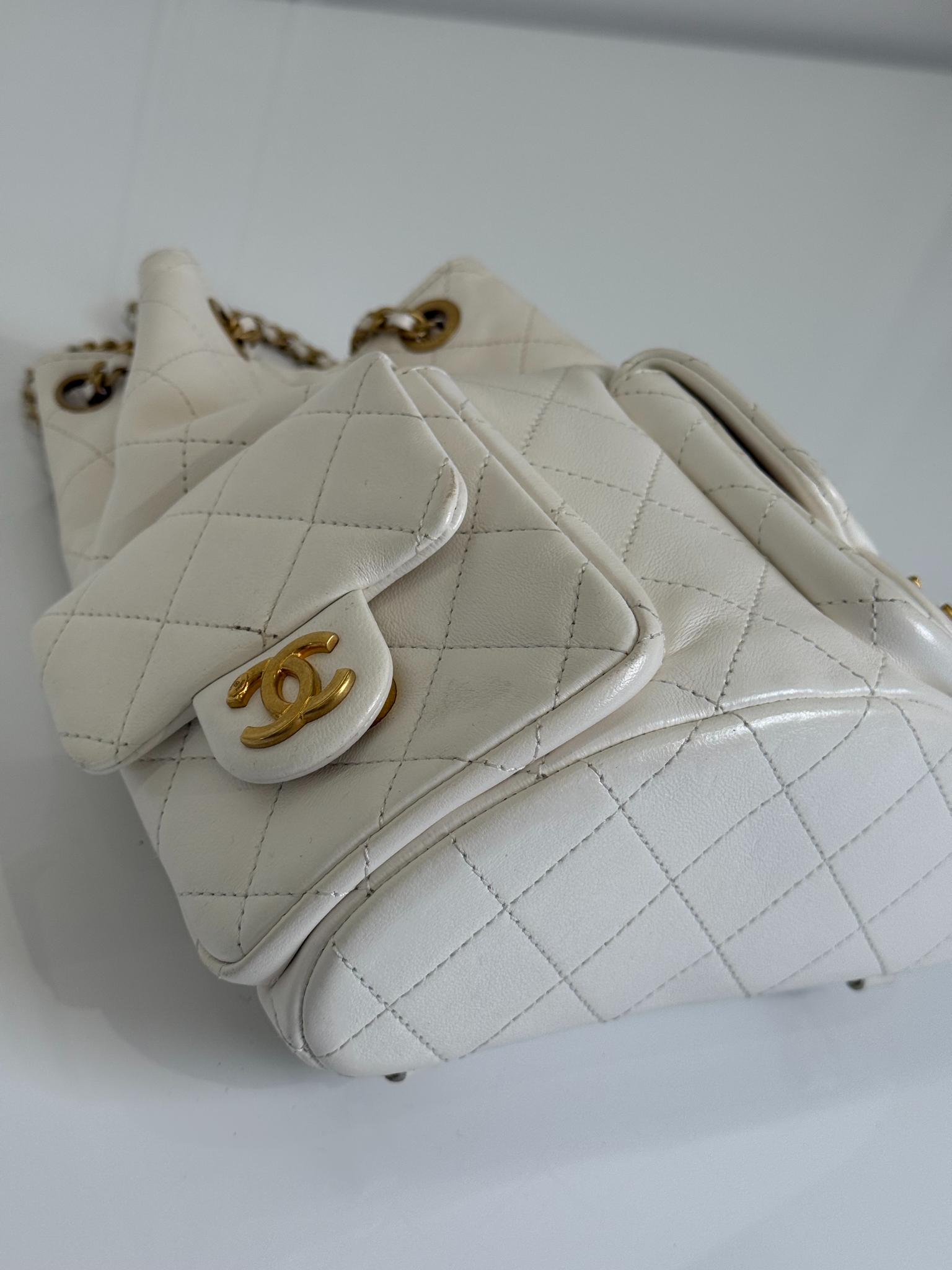Chanel White Lambskin Matelasse Chain Drawstring Backpack