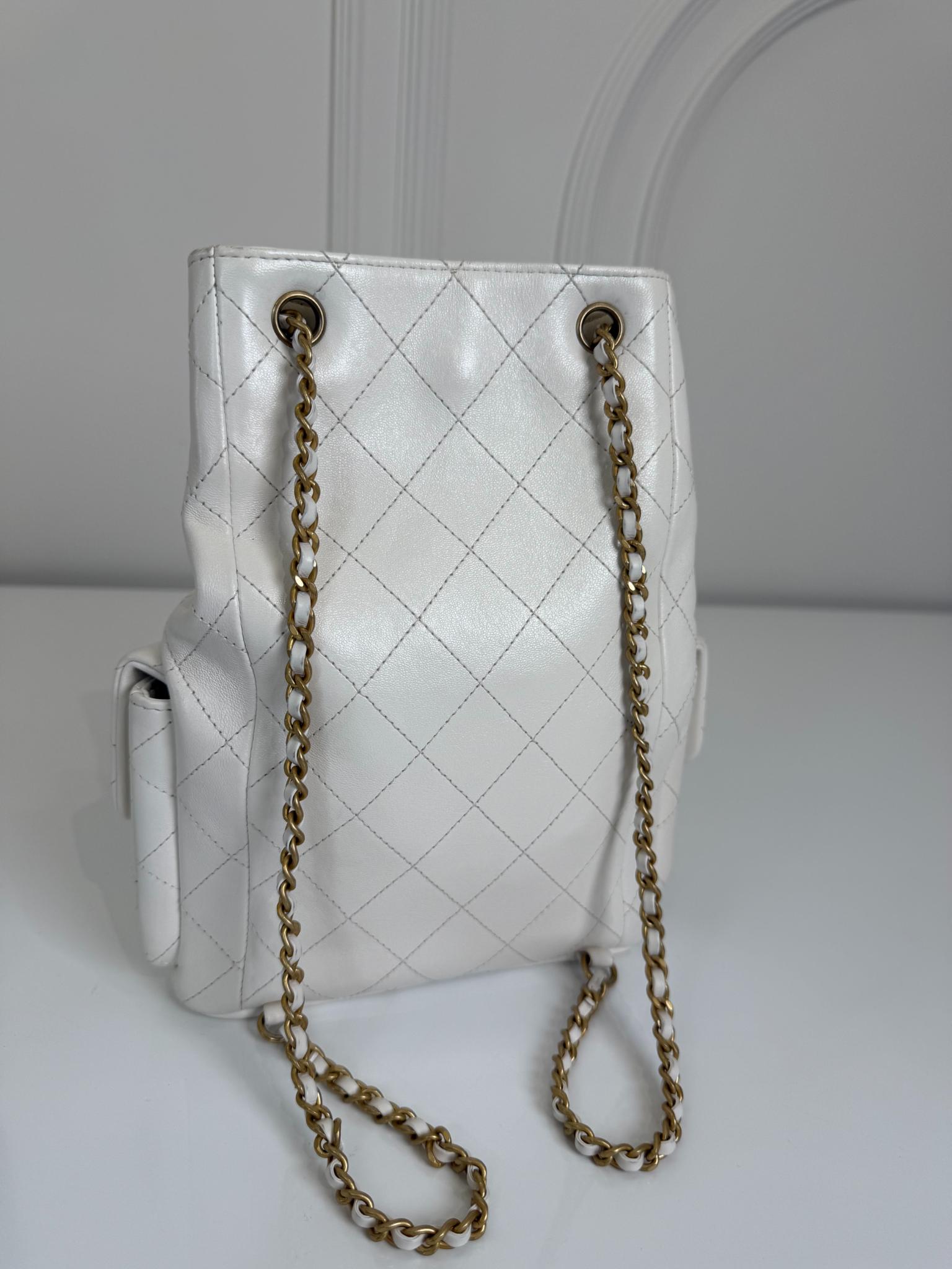Chanel White Lambskin Matelasse Chain Drawstring Backpack