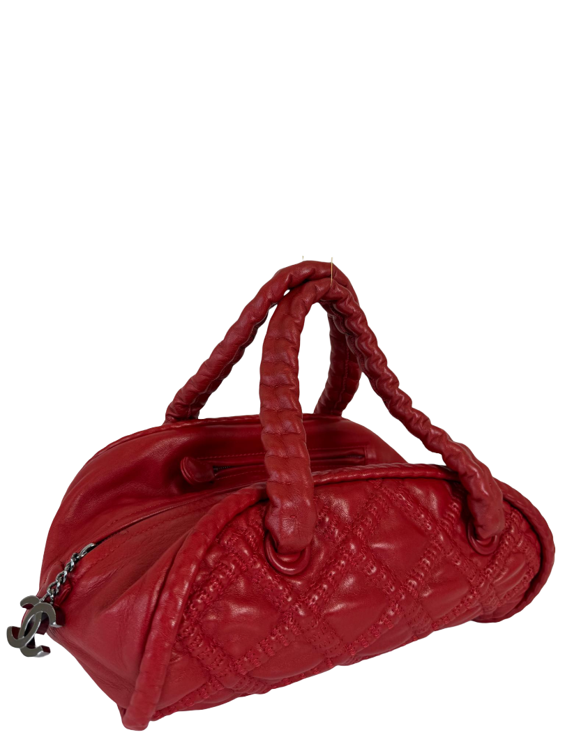 Chanel Red Quilted Lambskin Leather Hidden Chain Bowler Bag