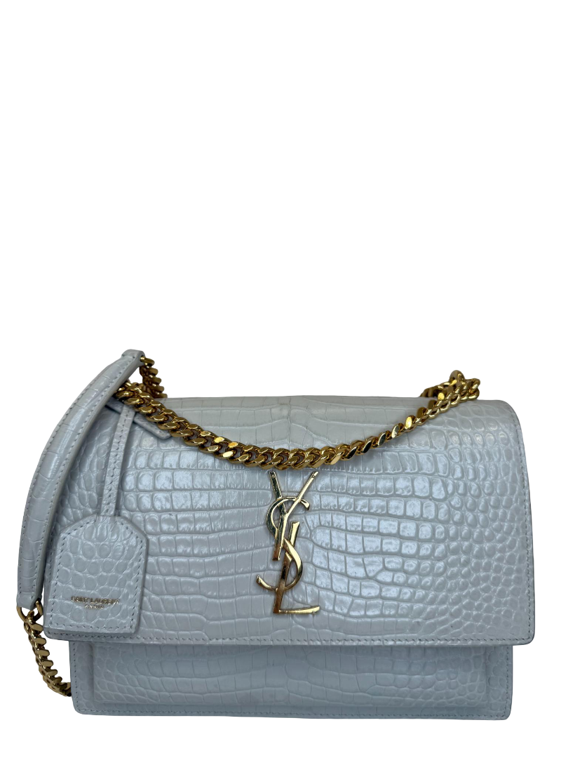 Saint Laurent Sunset Medium Ivory Crocodile Embossed Leather