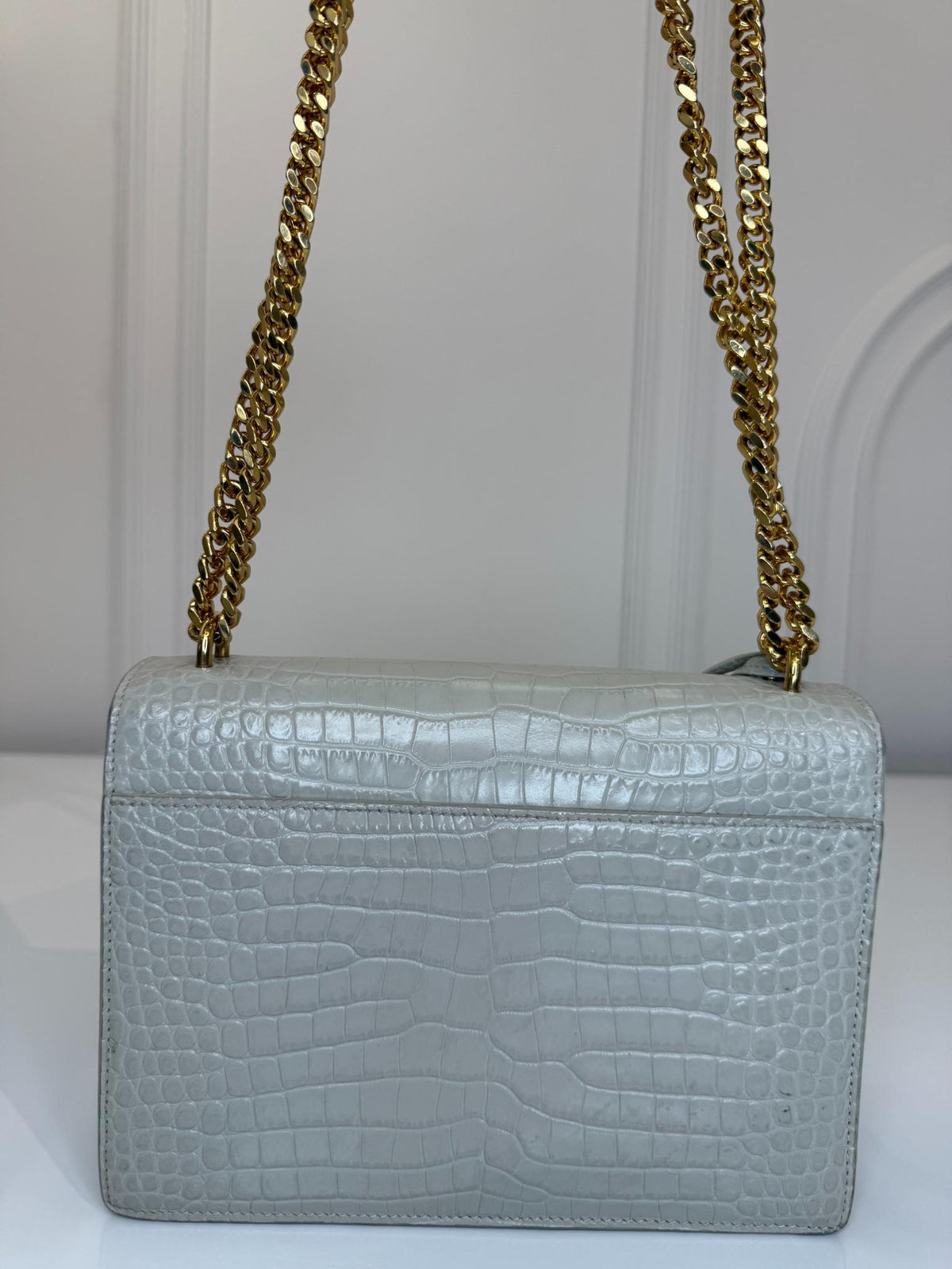 Saint Laurent Sunset Medium Ivory Crocodile Embossed Leather