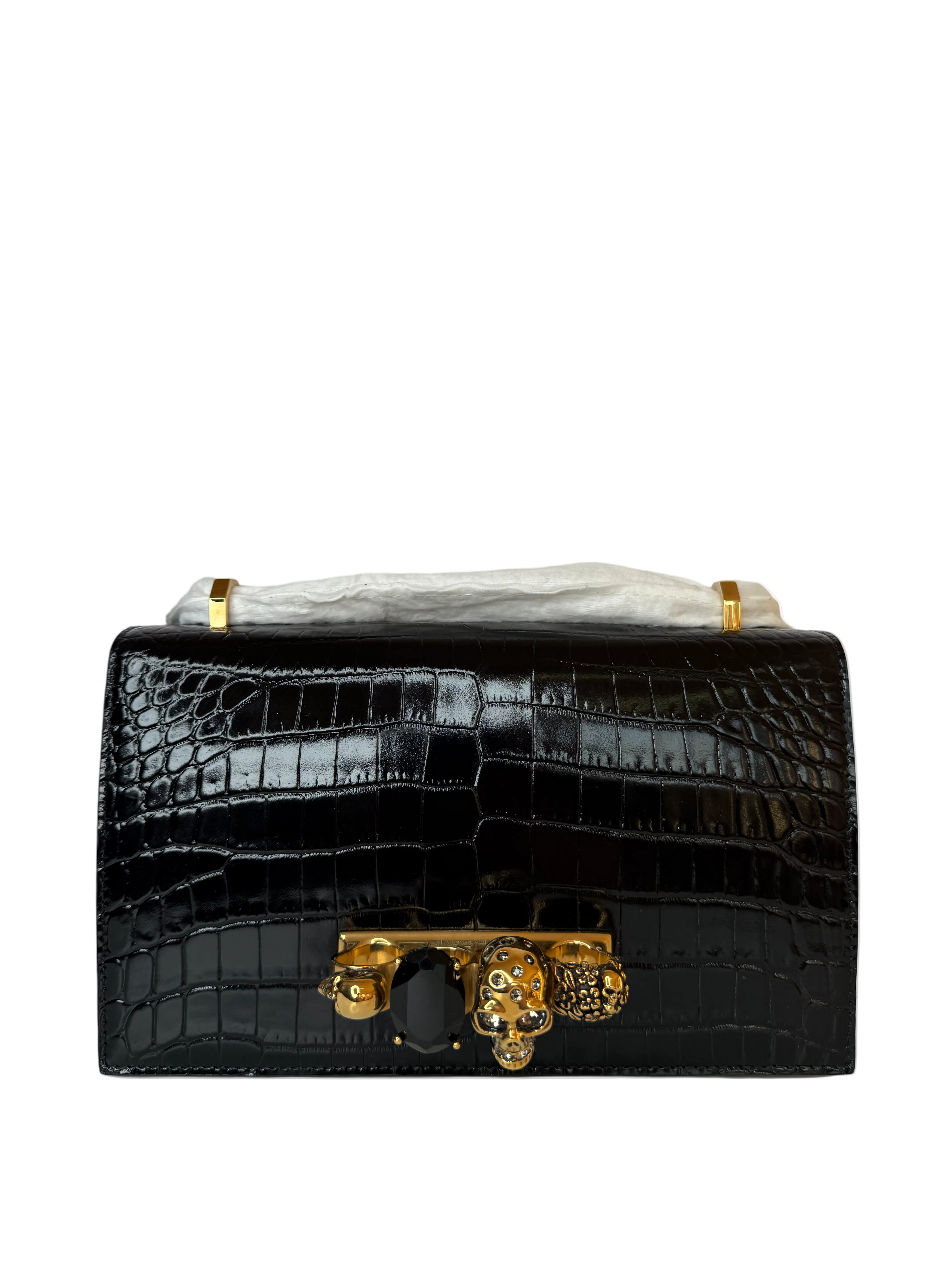 Alexander McQueen Shiny Crocodile Embossed Jeweled Satchel Black