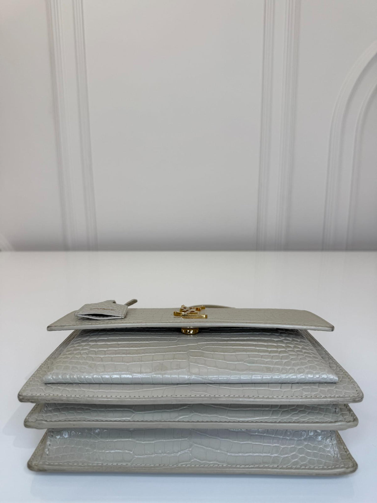 Saint Laurent Sunset Medium Ivory Crocodile Embossed Leather