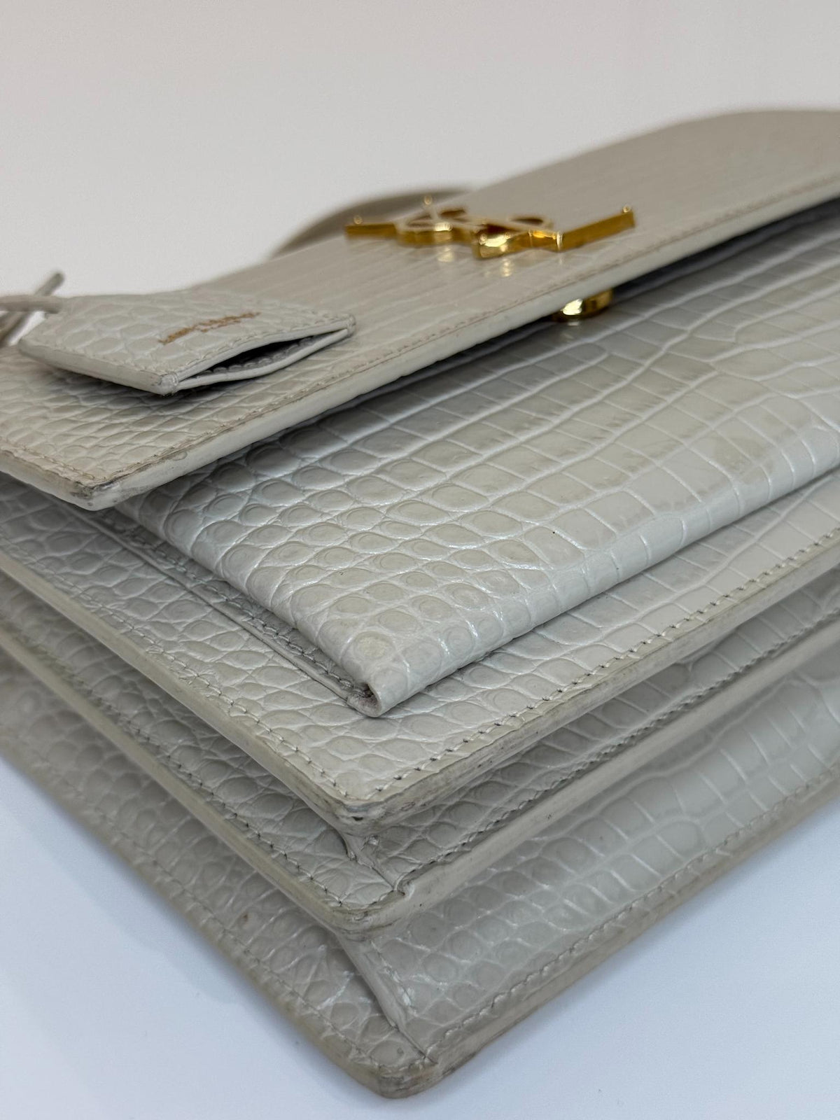Saint Laurent Sunset Medium Ivory Crocodile Embossed Leather
