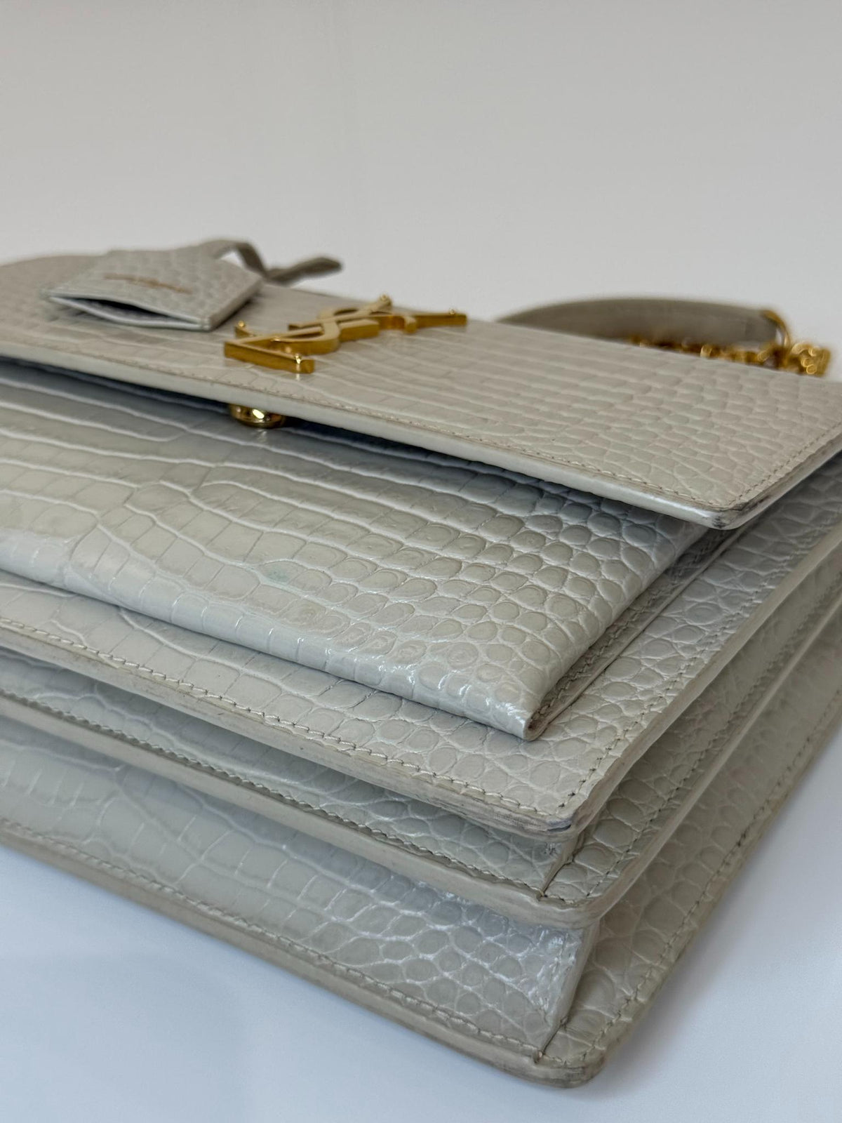 Saint Laurent Sunset Medium Ivory Crocodile Embossed Leather