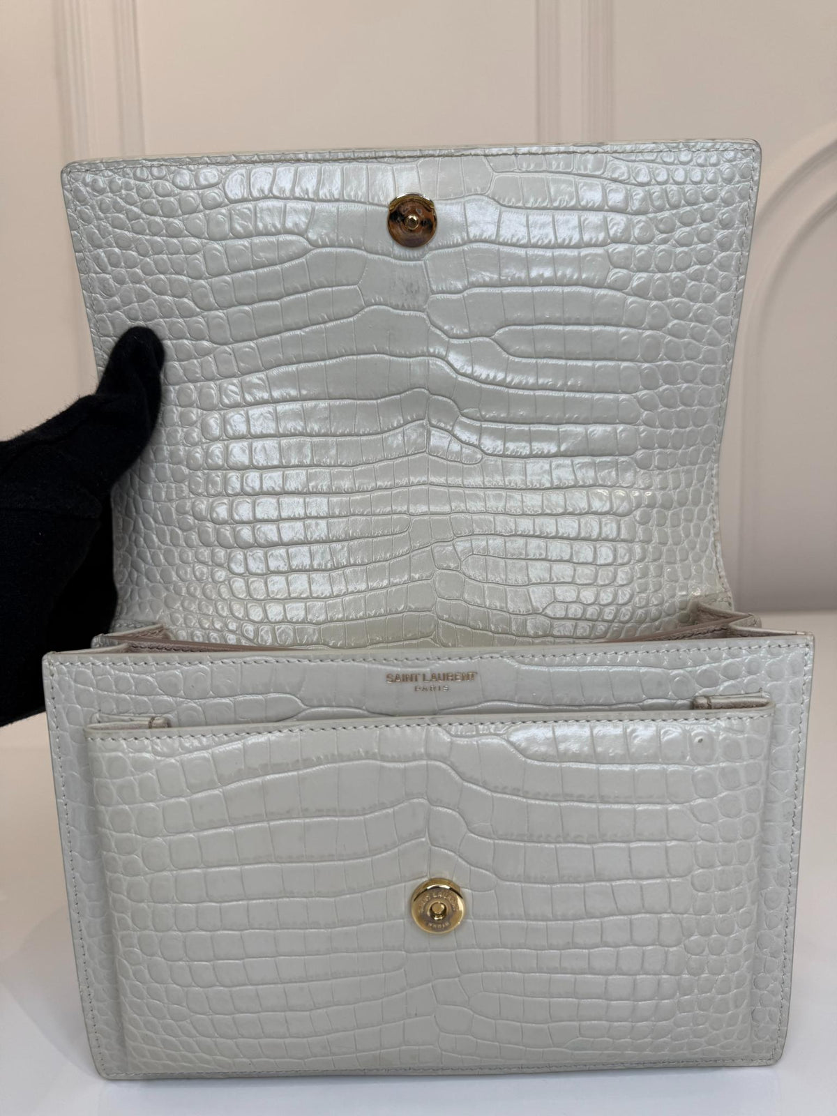 Saint Laurent Sunset Medium Ivory Crocodile Embossed Leather