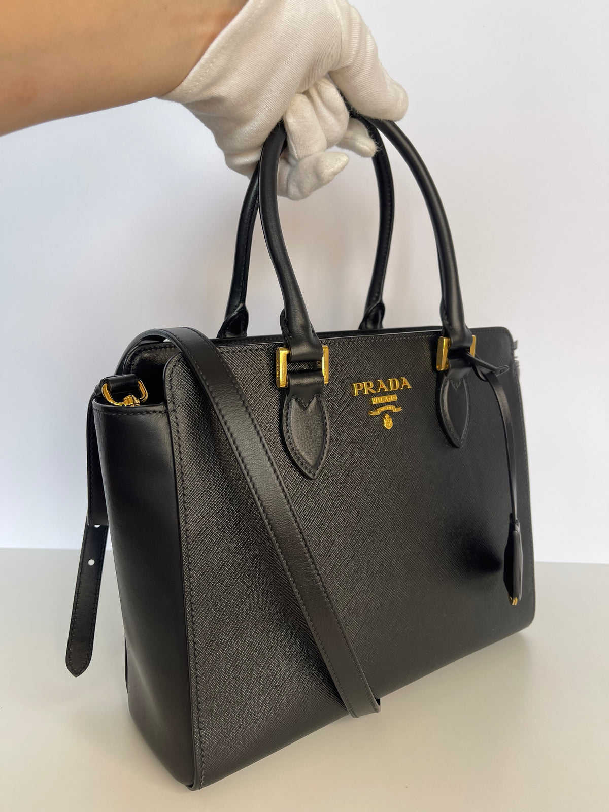 Prada Convertible Small Open Tote Black Saffiano with Soft Calf
