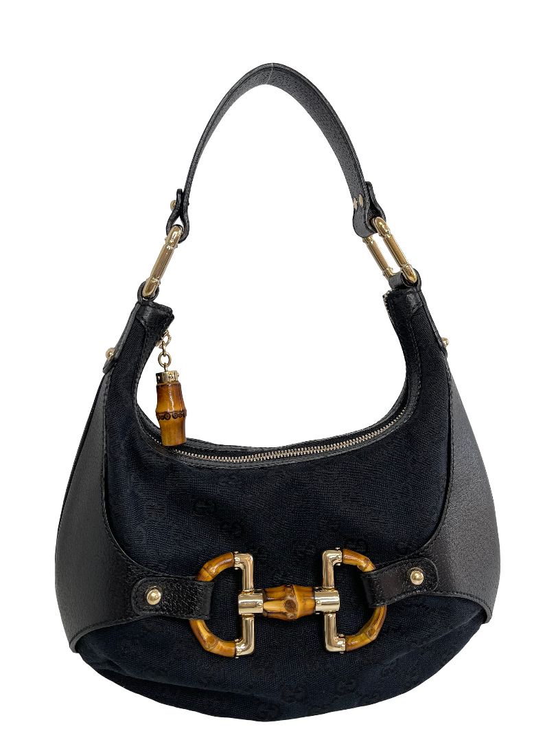 Gucci Monogram Bamboo Horsebit Amalfi Hobo Black