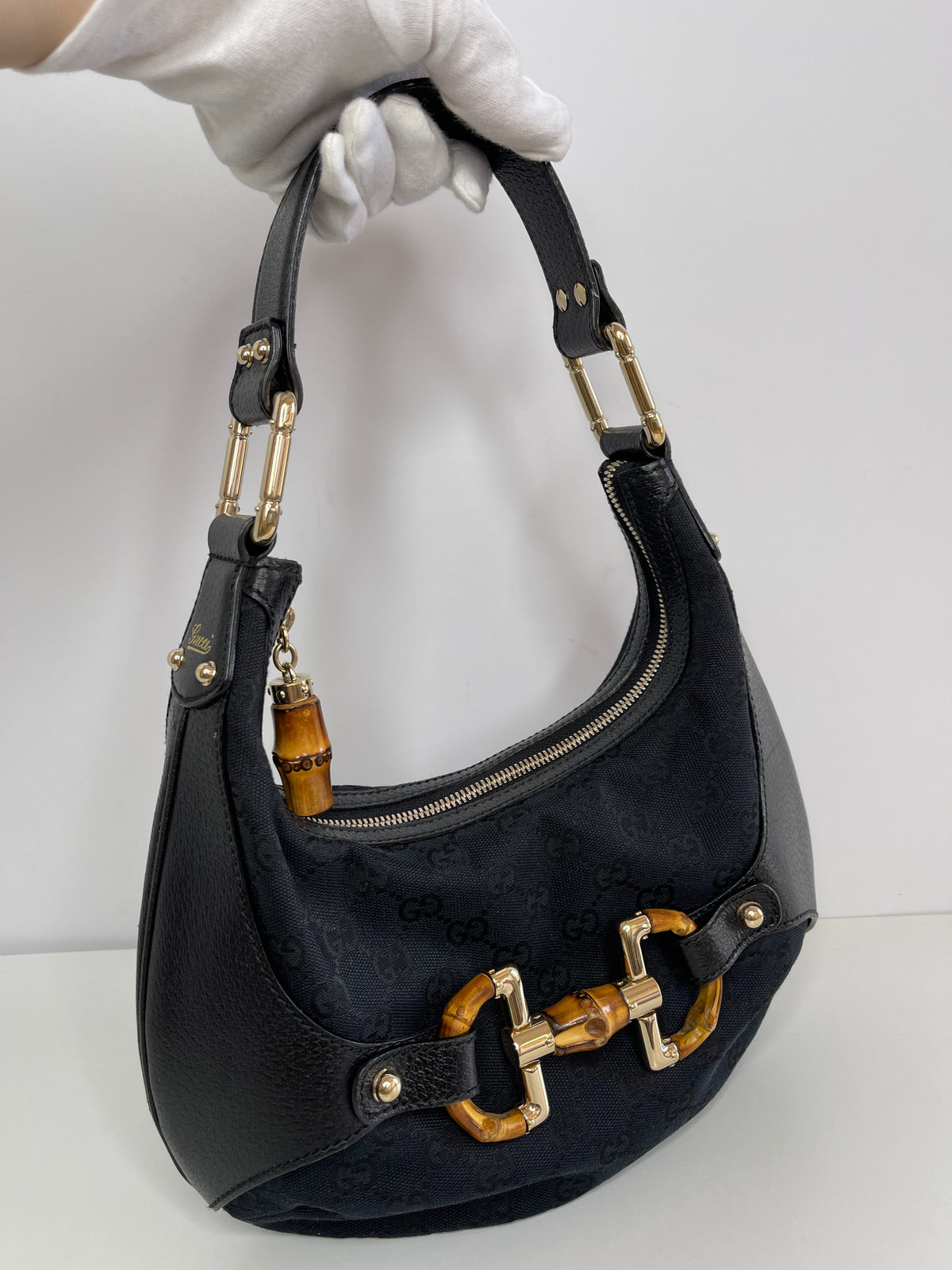 Gucci Monogram Bamboo Horsebit Amalfi Hobo Black