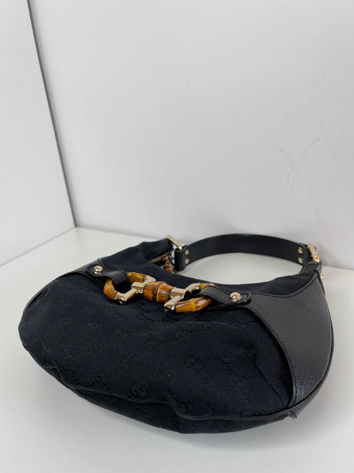 Gucci Monogram Bamboo Horsebit Amalfi Hobo Black