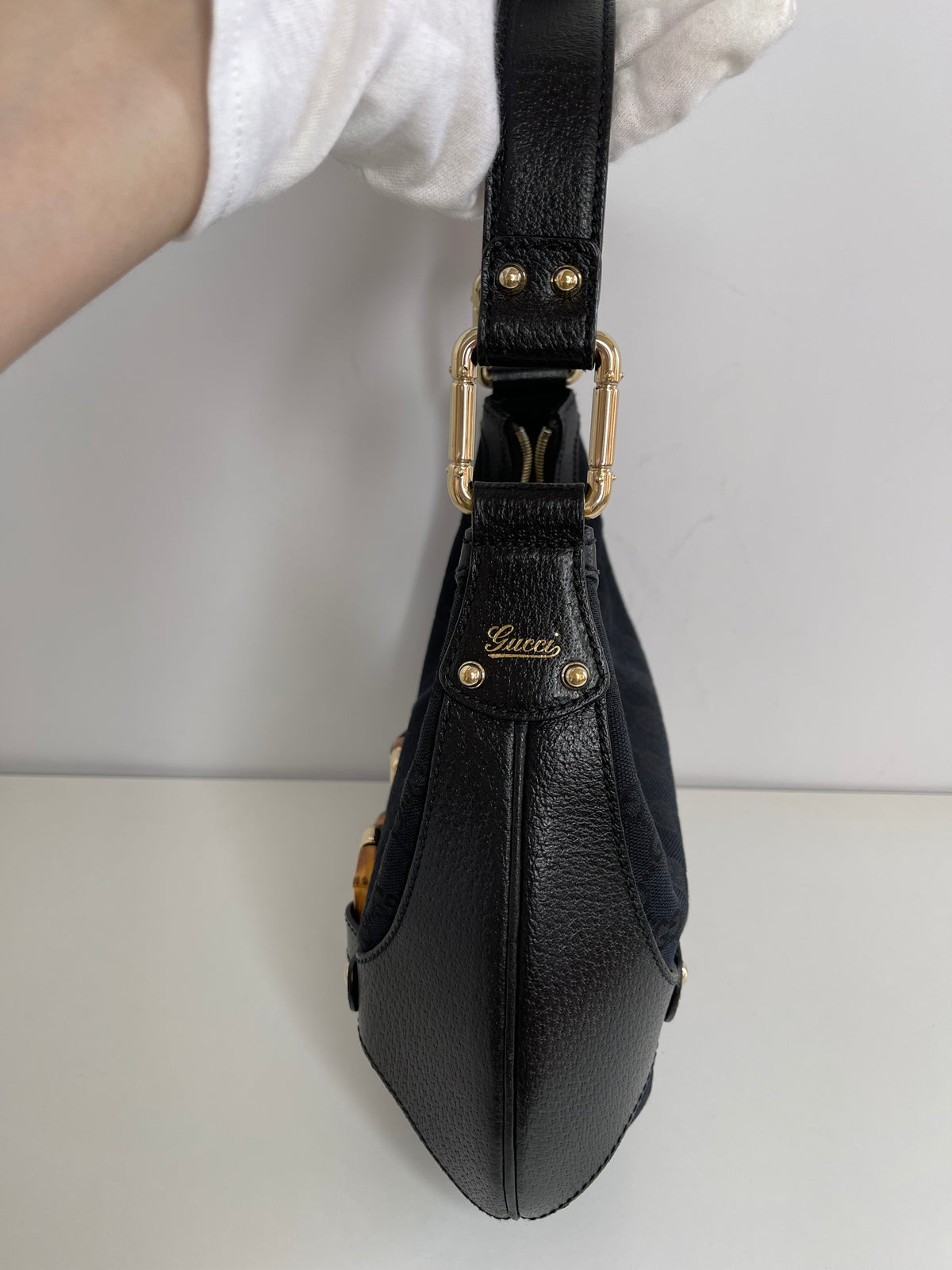 Gucci Monogram Bamboo Horsebit Amalfi Hobo Black