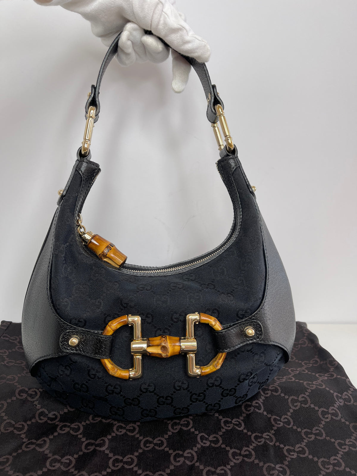Gucci Monogram Bamboo Horsebit Amalfi Hobo Black