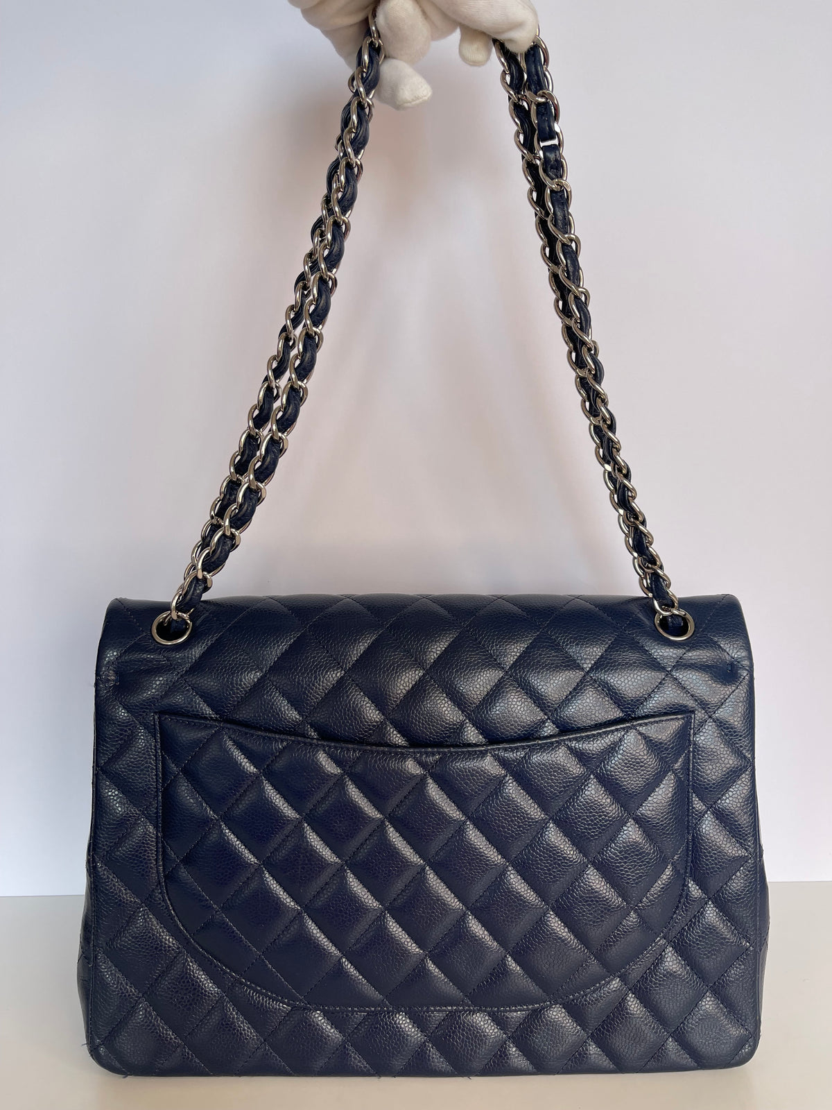 Chanel Navy Blue Quilted Caviar Leather Maxi Classic Double Flap Bag