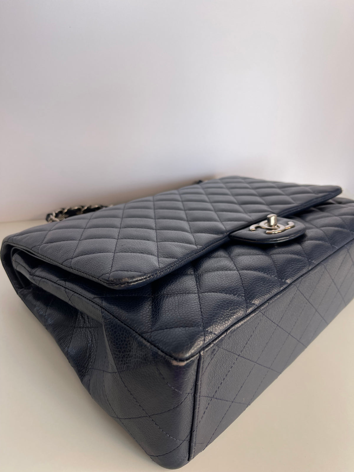 Chanel Navy Blue Quilted Caviar Leather Maxi Classic Double Flap Bag