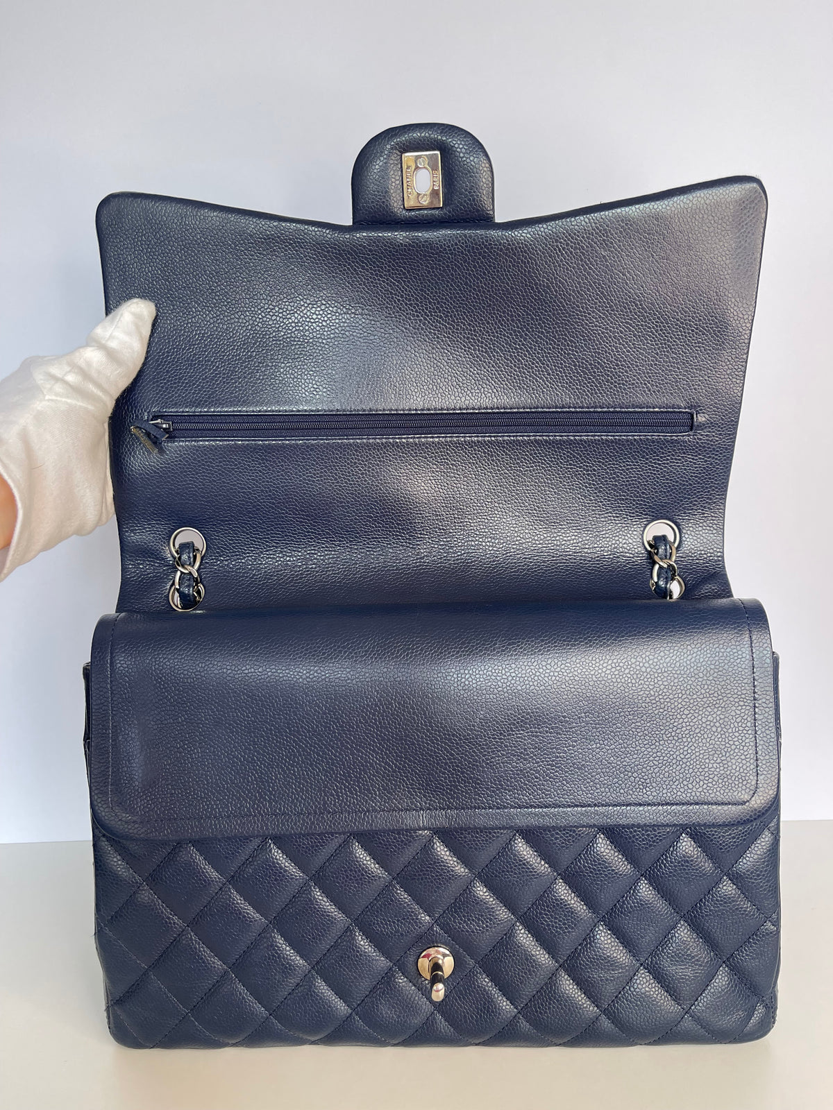 Chanel Navy Blue Quilted Caviar Leather Maxi Classic Double Flap Bag