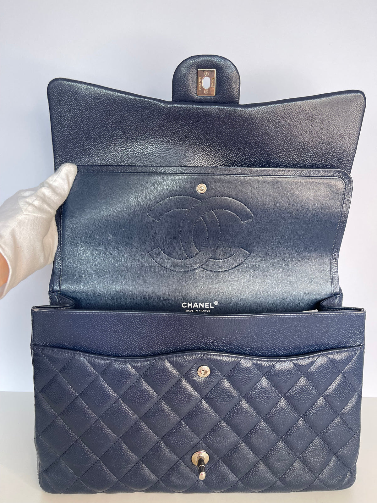 Chanel Navy Blue Quilted Caviar Leather Maxi Classic Double Flap Bag