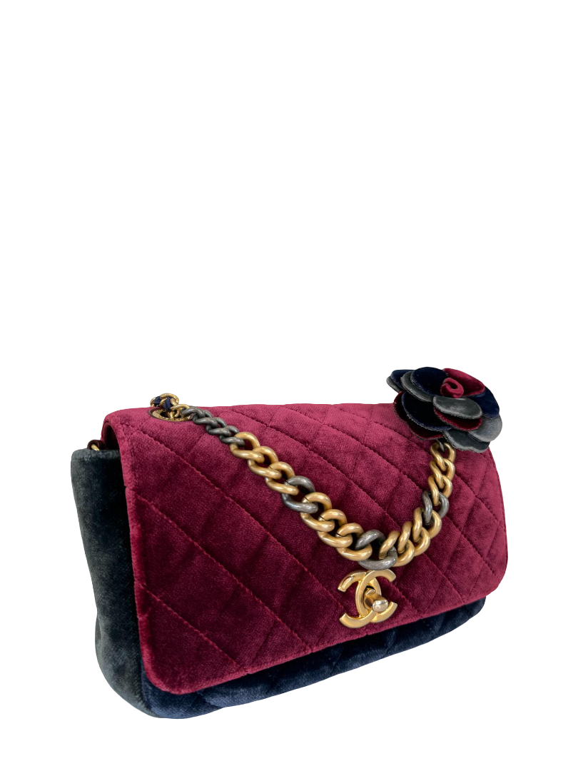 Chanel Paris Cosmopolite Small Tricolor Quilted Velvet Private Affair Camellia Flap