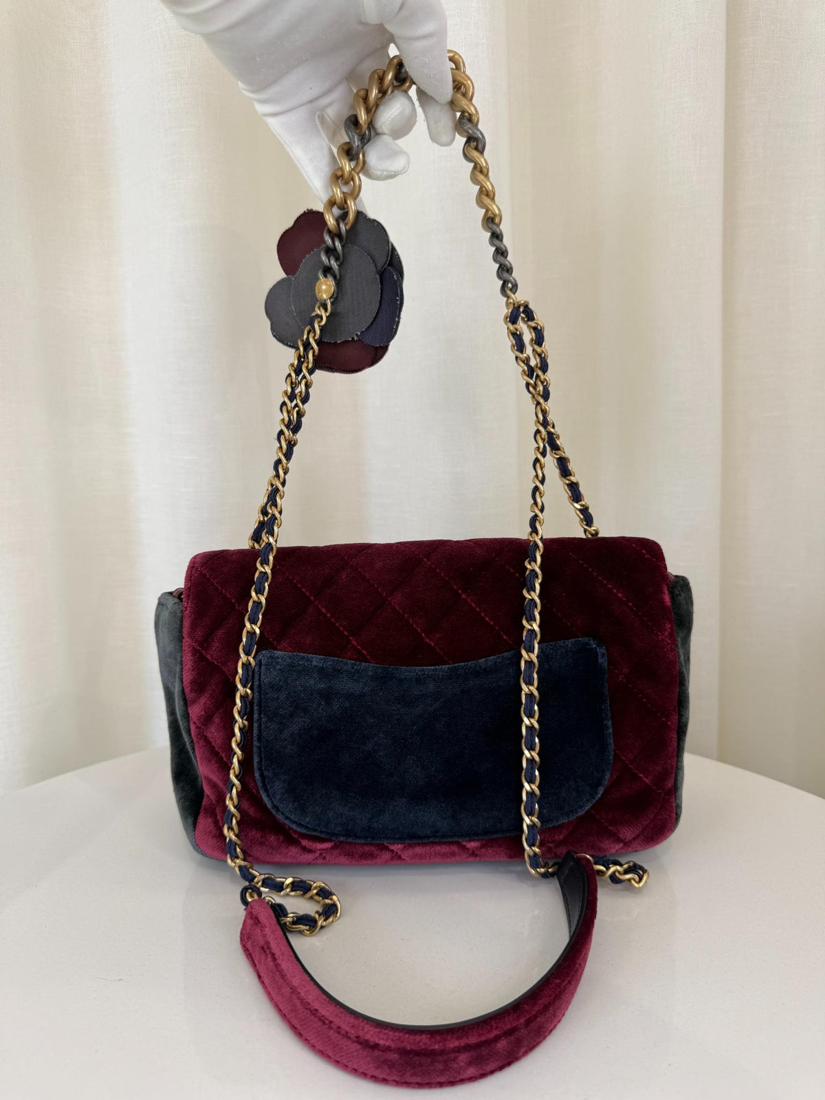 Chanel Paris Cosmopolite Small Tricolor Quilted Velvet Private Affair Camellia Flap