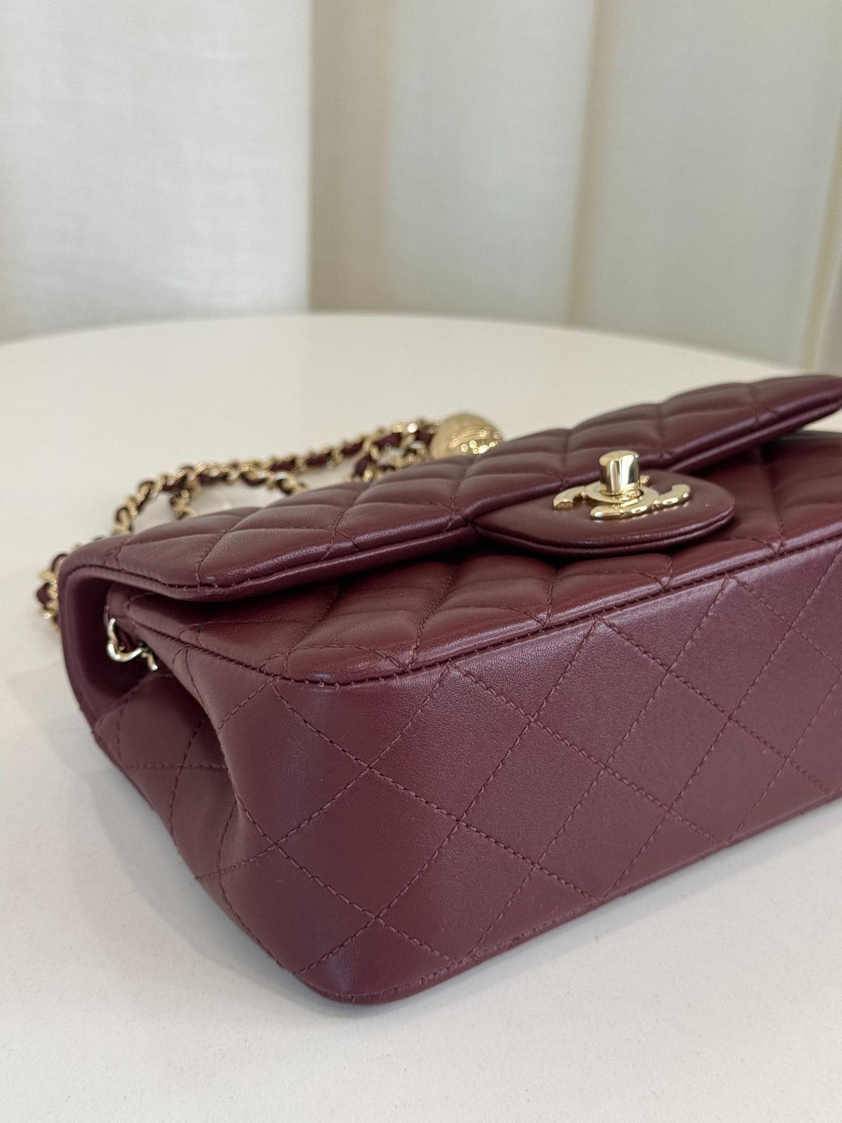 Chanel Burgundy Lambskin Quilted Mini Rectangular Pearl Crush Flap Bag