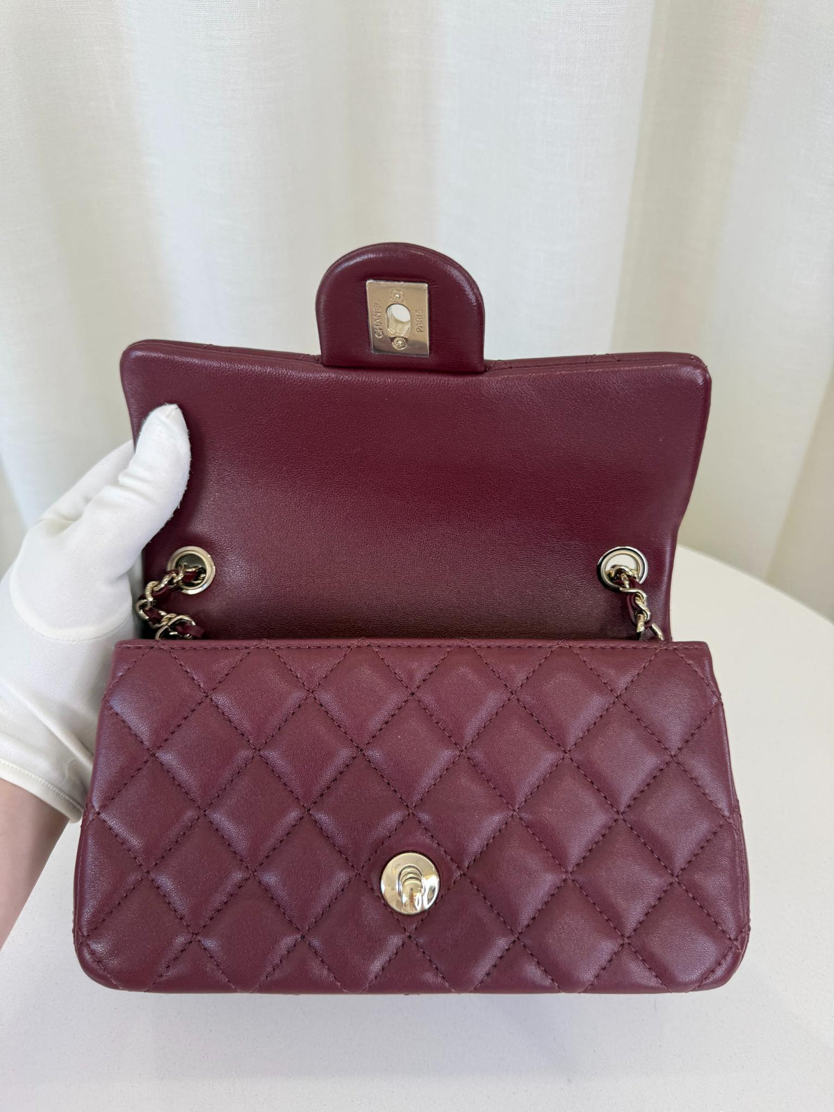 Chanel Burgundy Lambskin Quilted Mini Rectangular Pearl Crush Flap Bag