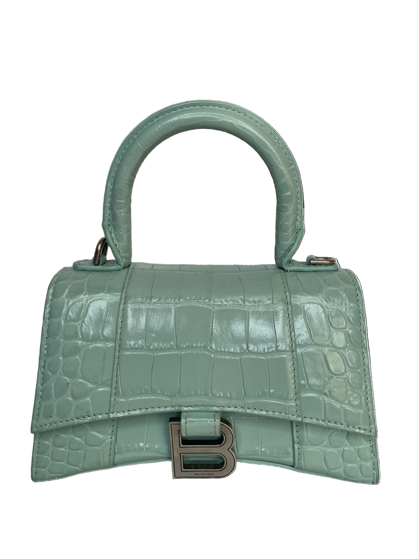 Balenciaga Green Aqua Croc Embossed Leather XS Hourglass Top Handle Bag