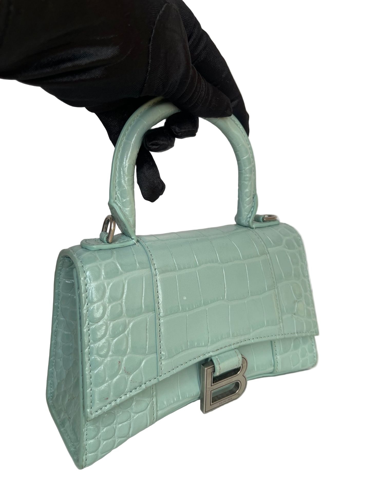 Balenciaga Green Aqua Croc Embossed Leather XS Hourglass Top Handle Bag