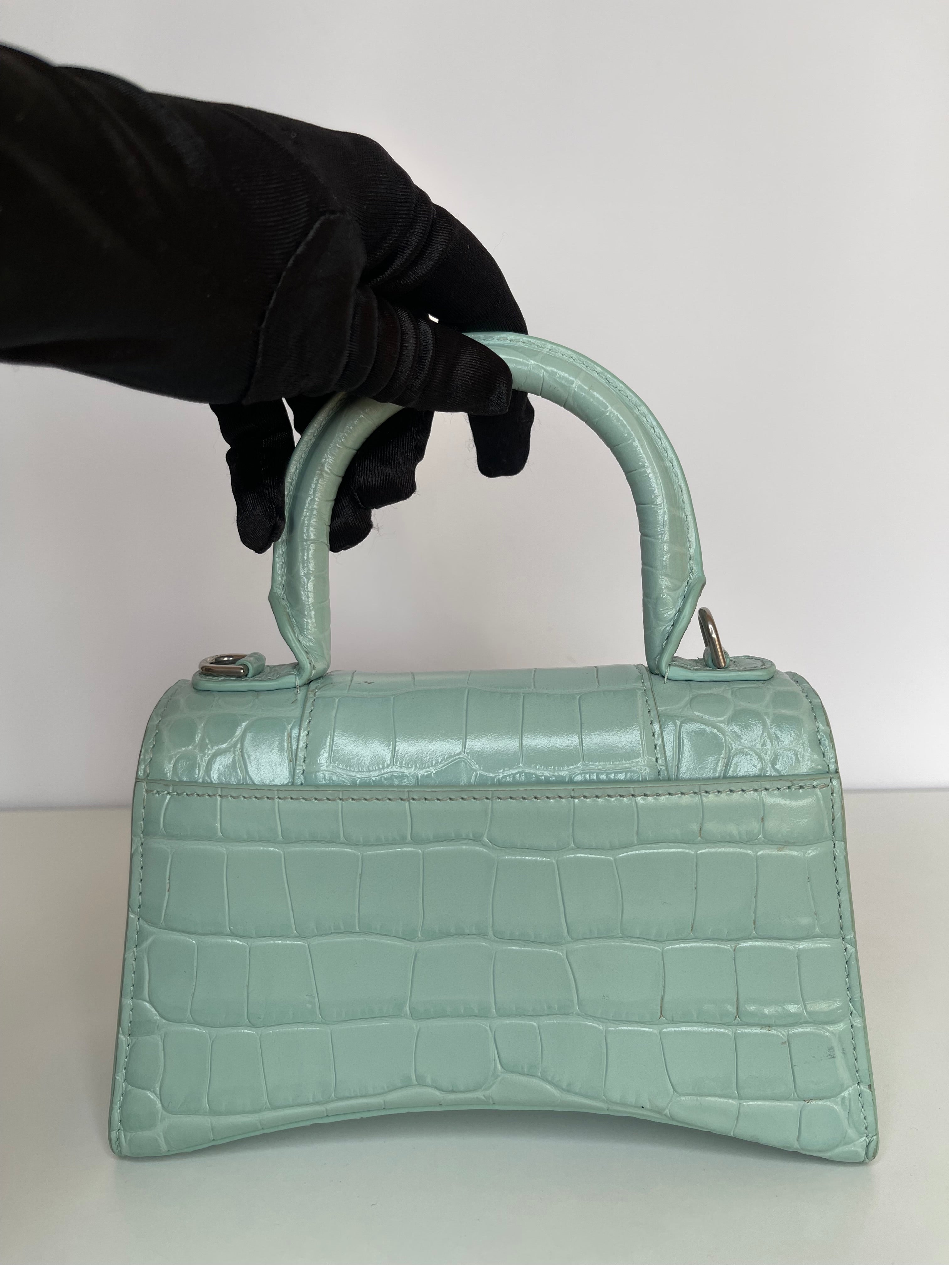 Balenciaga Green Aqua Croc Embossed Leather XS Hourglass Top Handle Bag