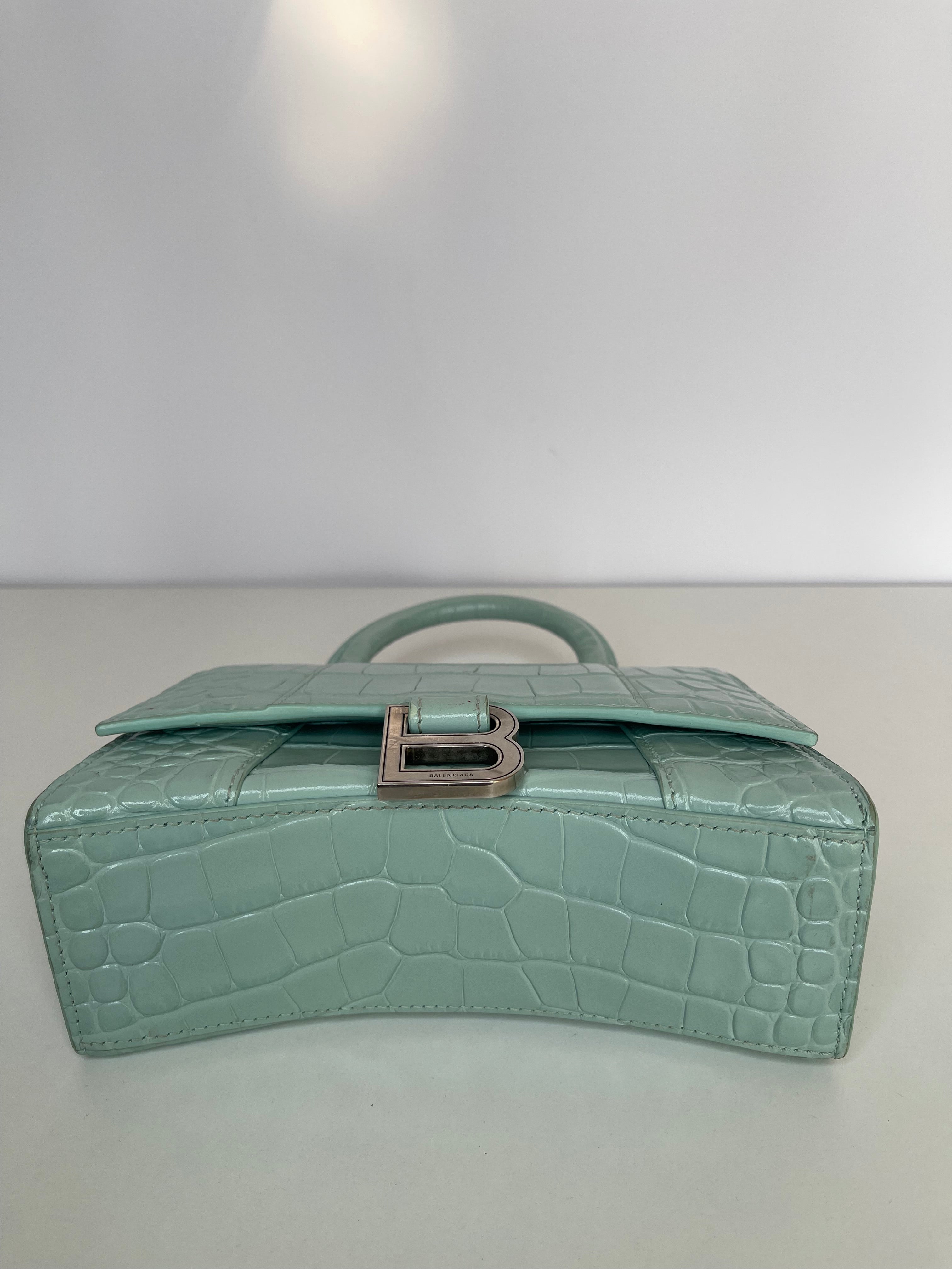 Balenciaga Green Aqua Croc Embossed Leather XS Hourglass Top Handle Bag