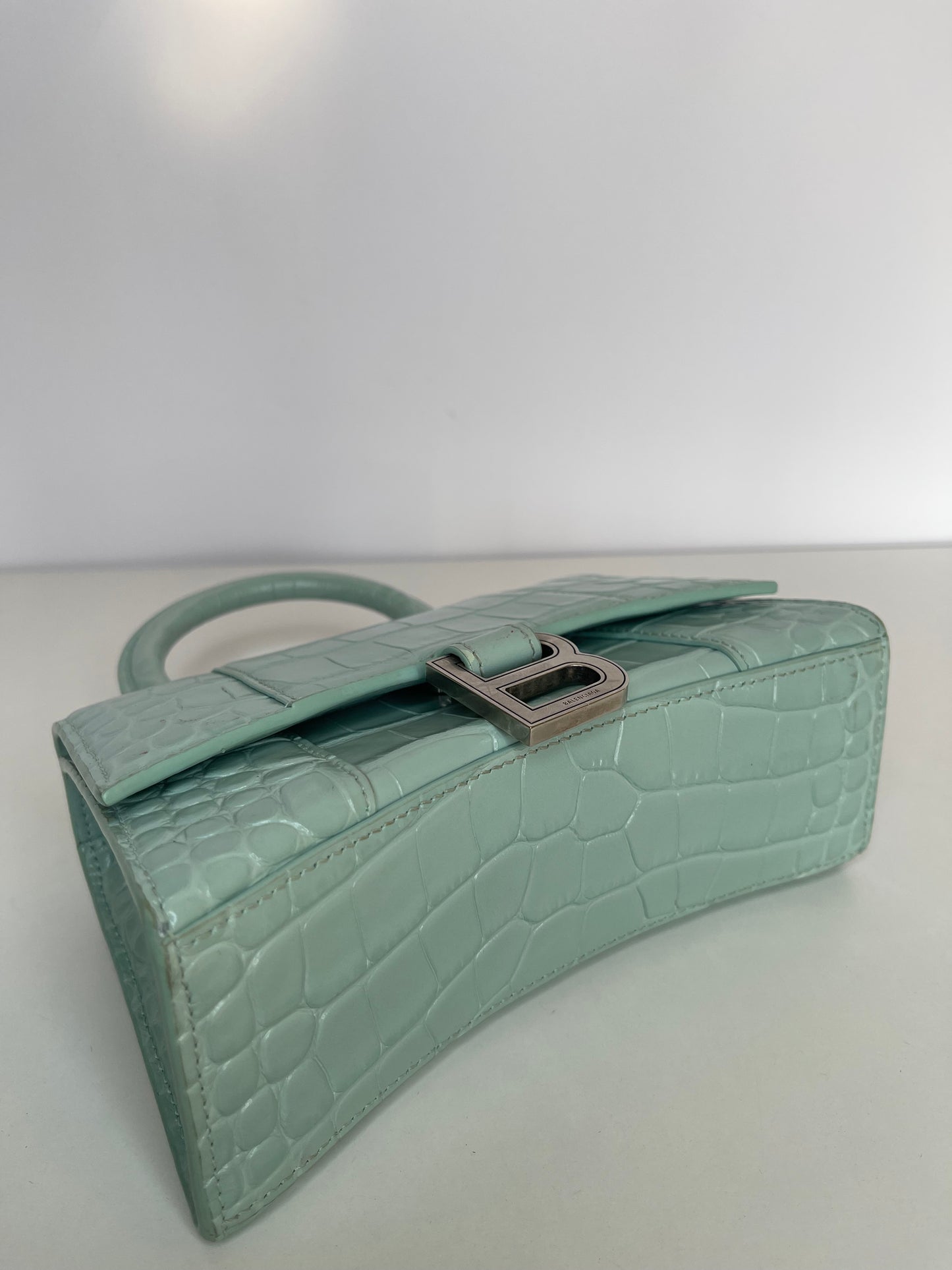 Balenciaga Green Aqua Croc Embossed Leather XS Hourglass Top Handle Bag