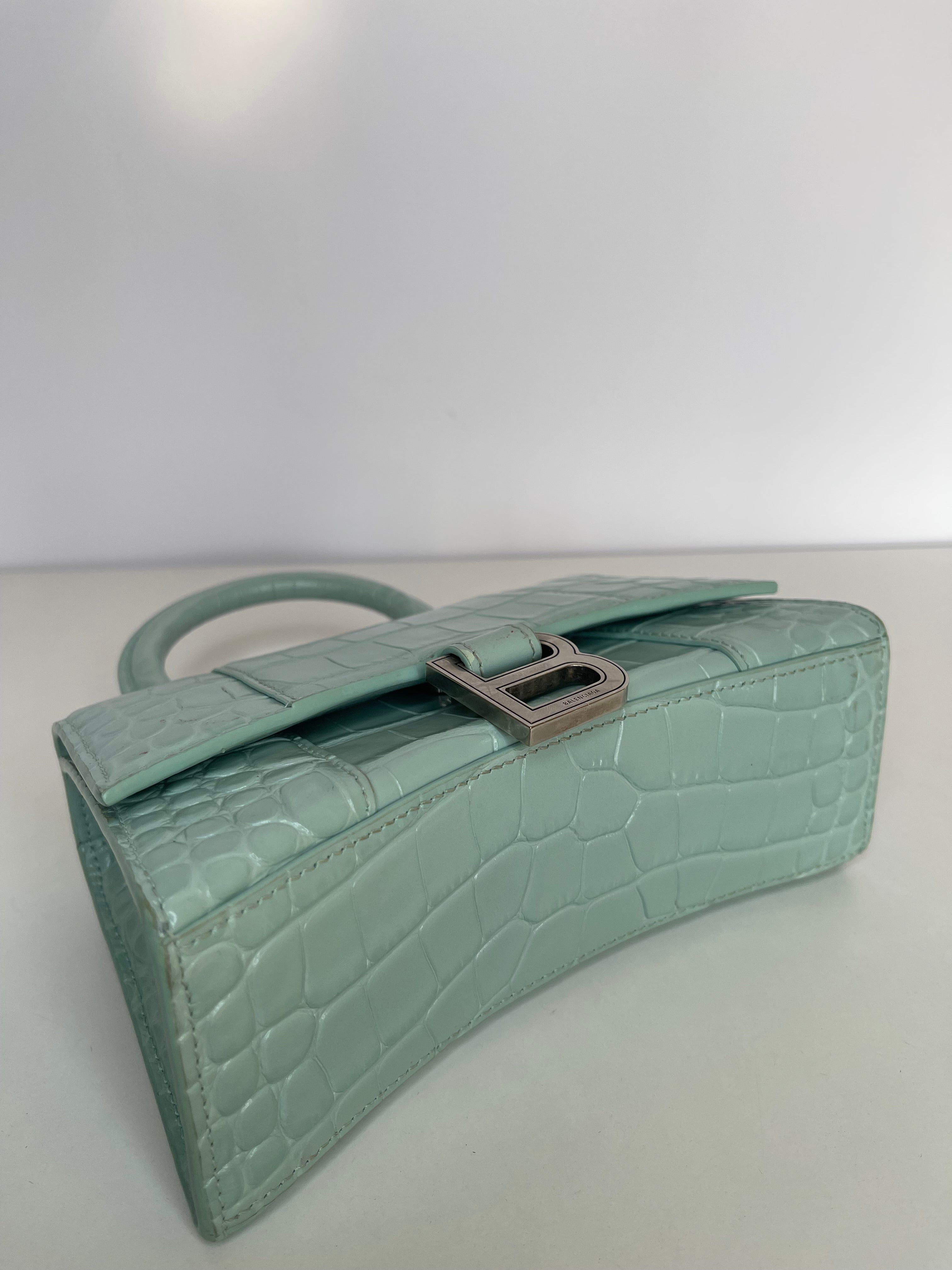 Balenciaga Green Aqua Croc Embossed Leather XS Hourglass Top Handle Bag