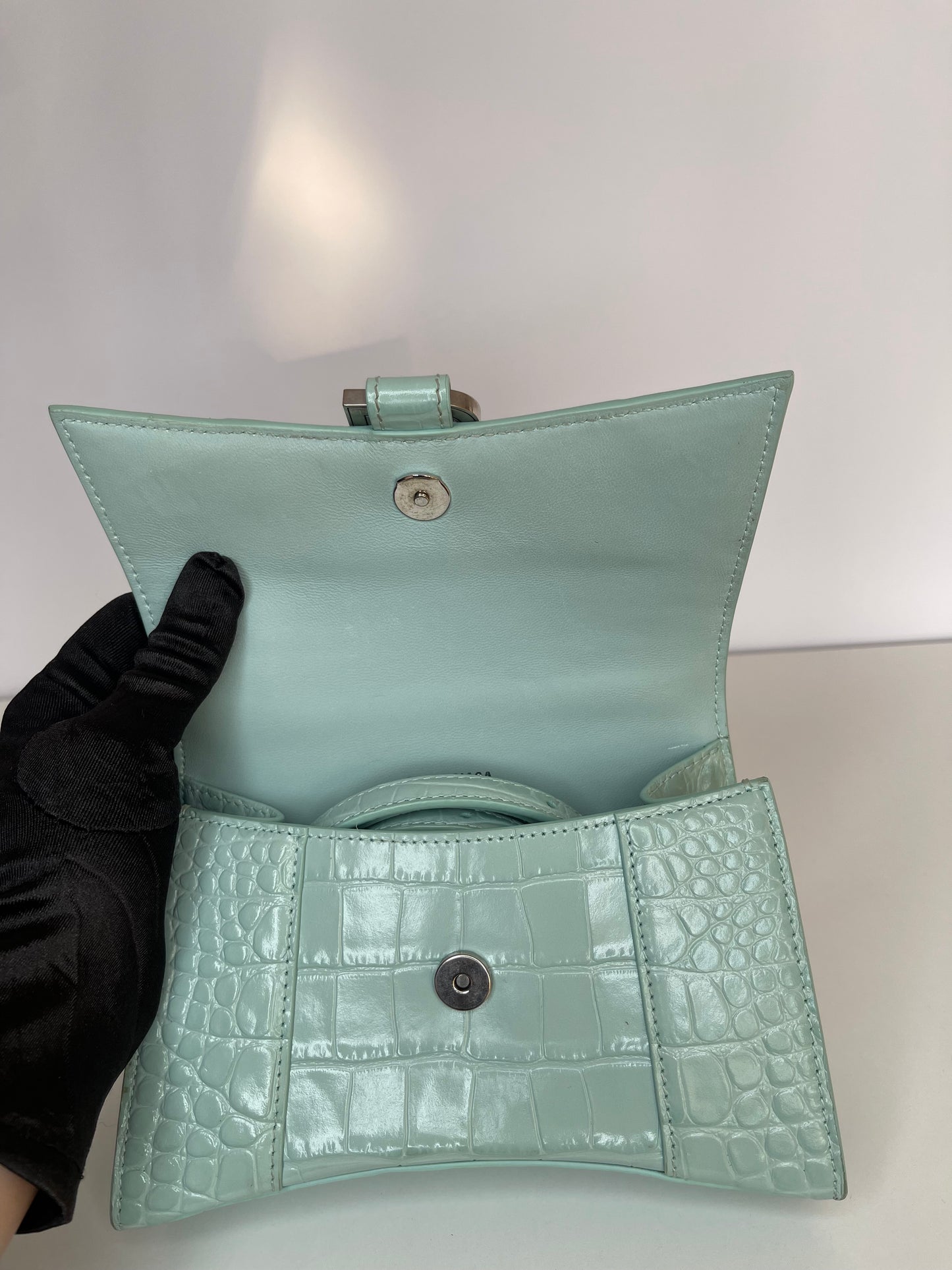 Balenciaga Green Aqua Croc Embossed Leather XS Hourglass Top Handle Bag
