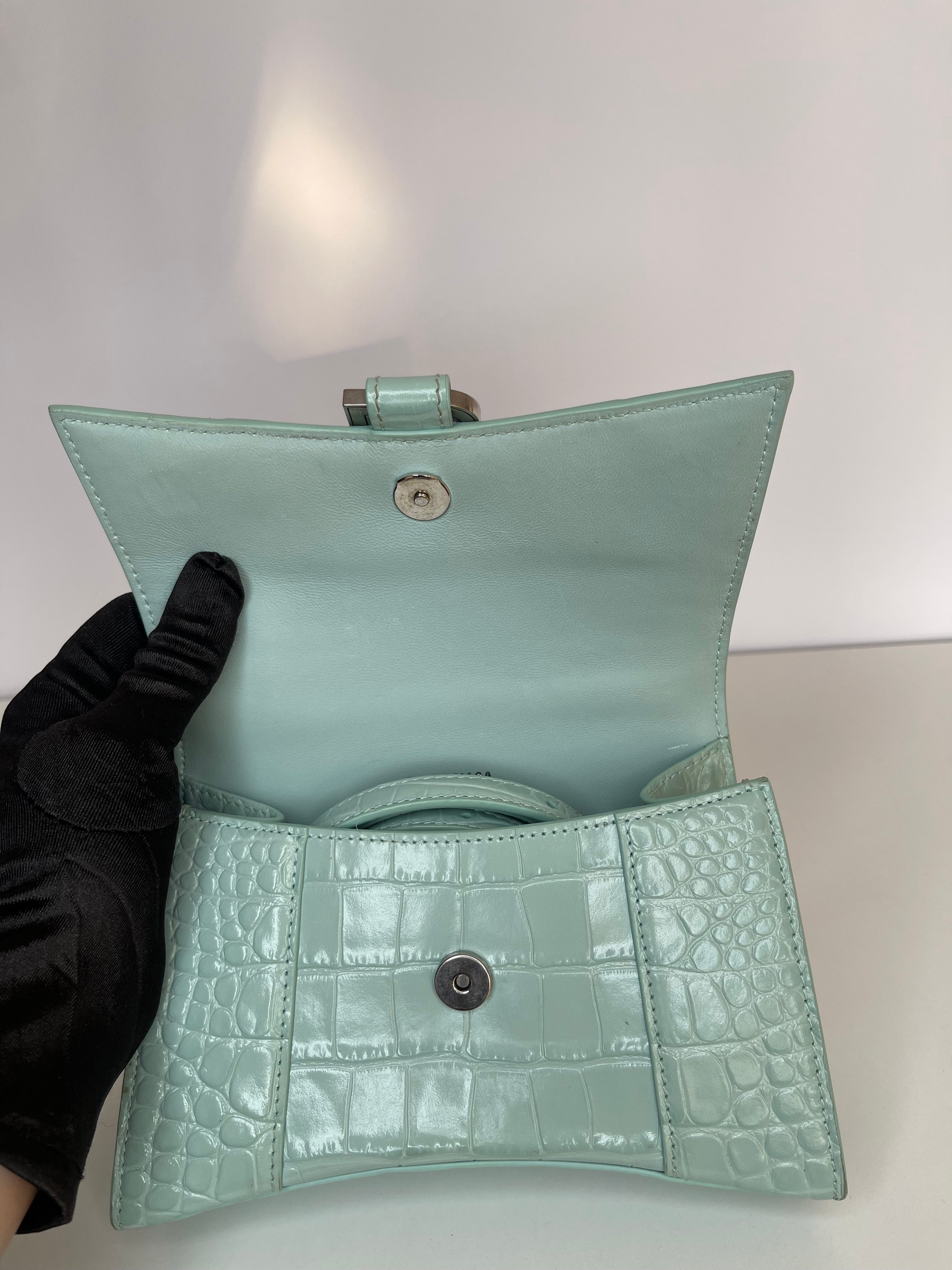 Balenciaga Green Aqua Croc Embossed Leather XS Hourglass Top Handle Bag