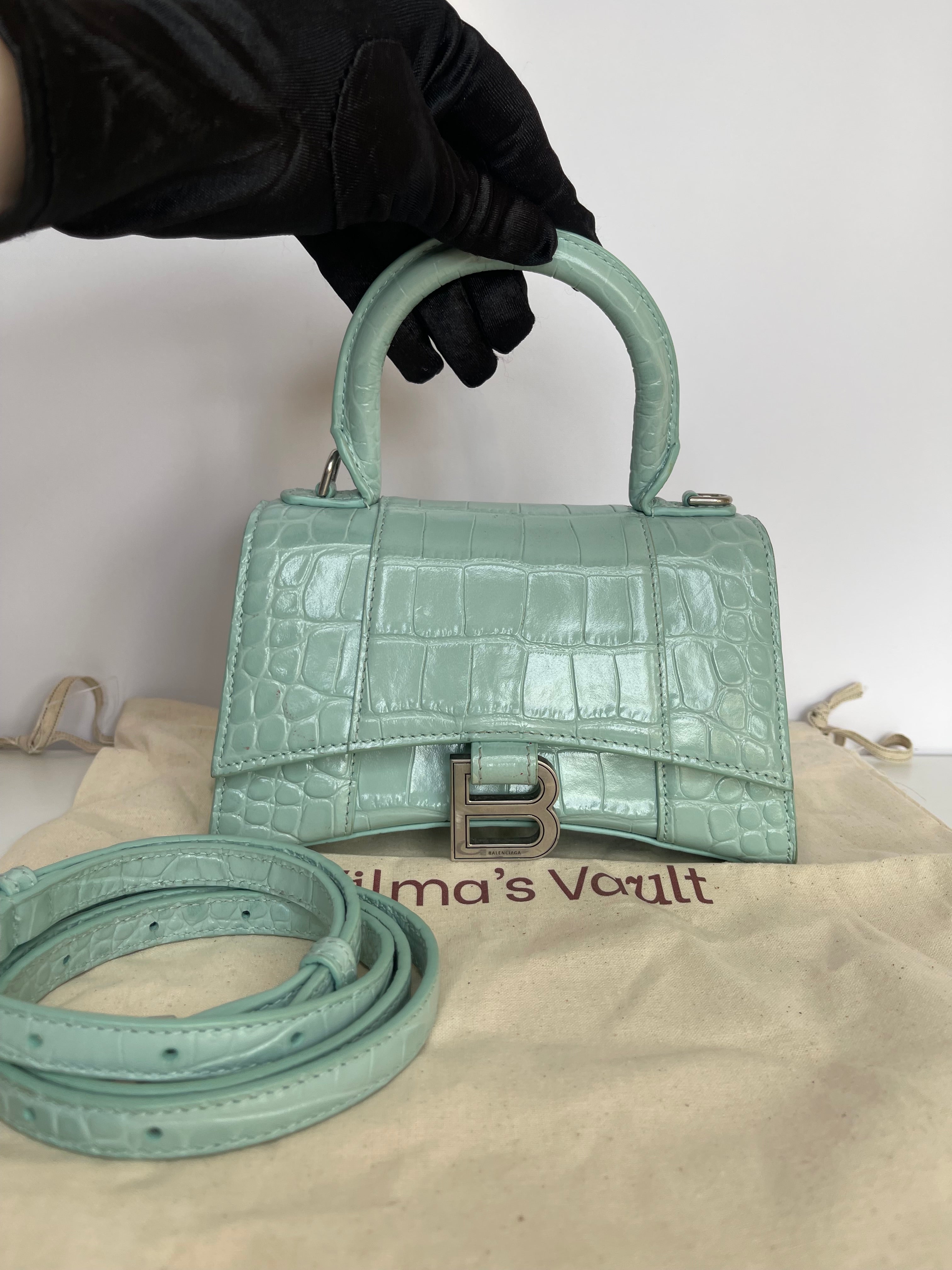 Balenciaga Green Aqua Croc Embossed Leather XS Hourglass Top Handle Bag