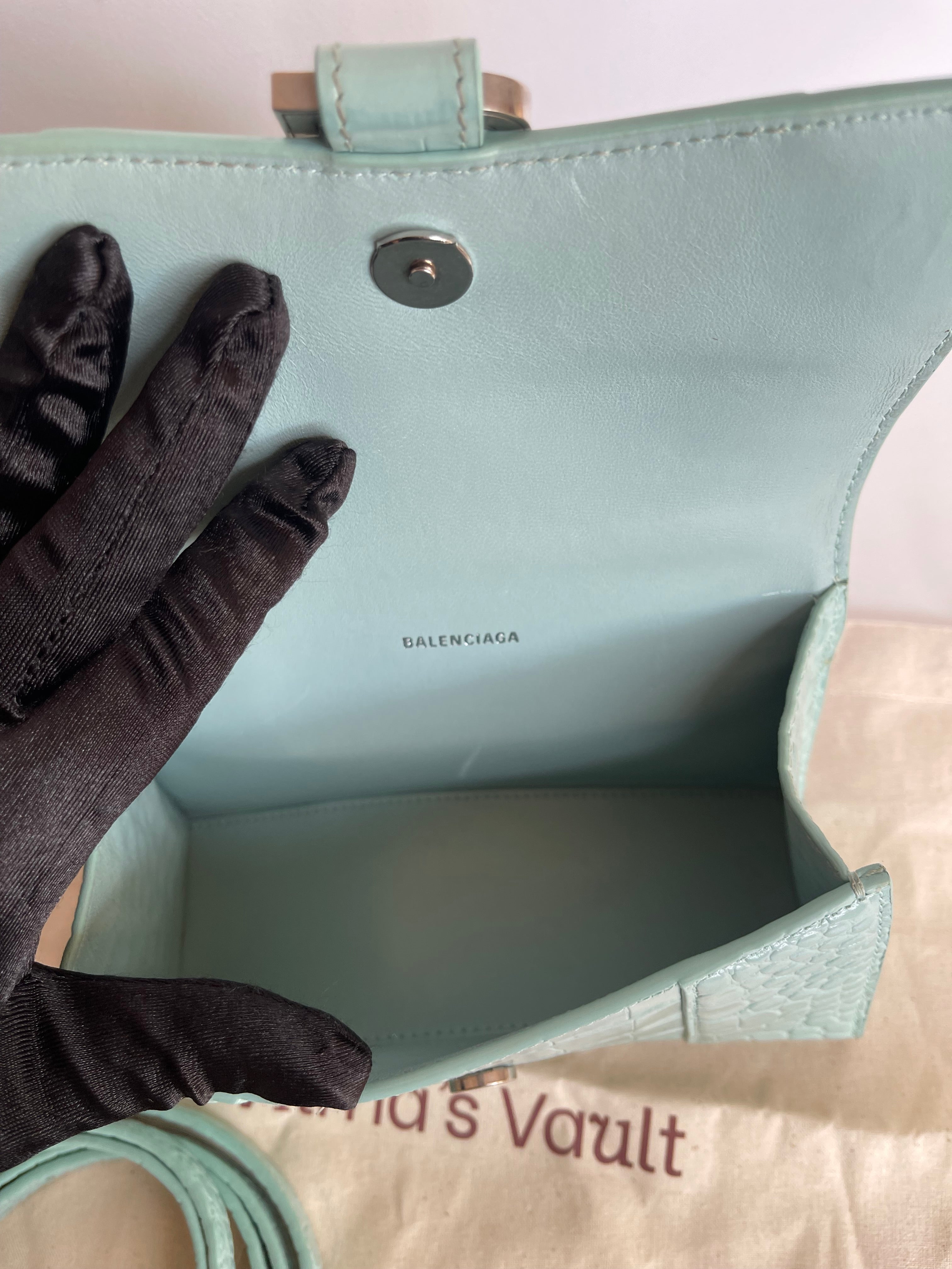Balenciaga Green Aqua Croc Embossed Leather XS Hourglass Top Handle Bag