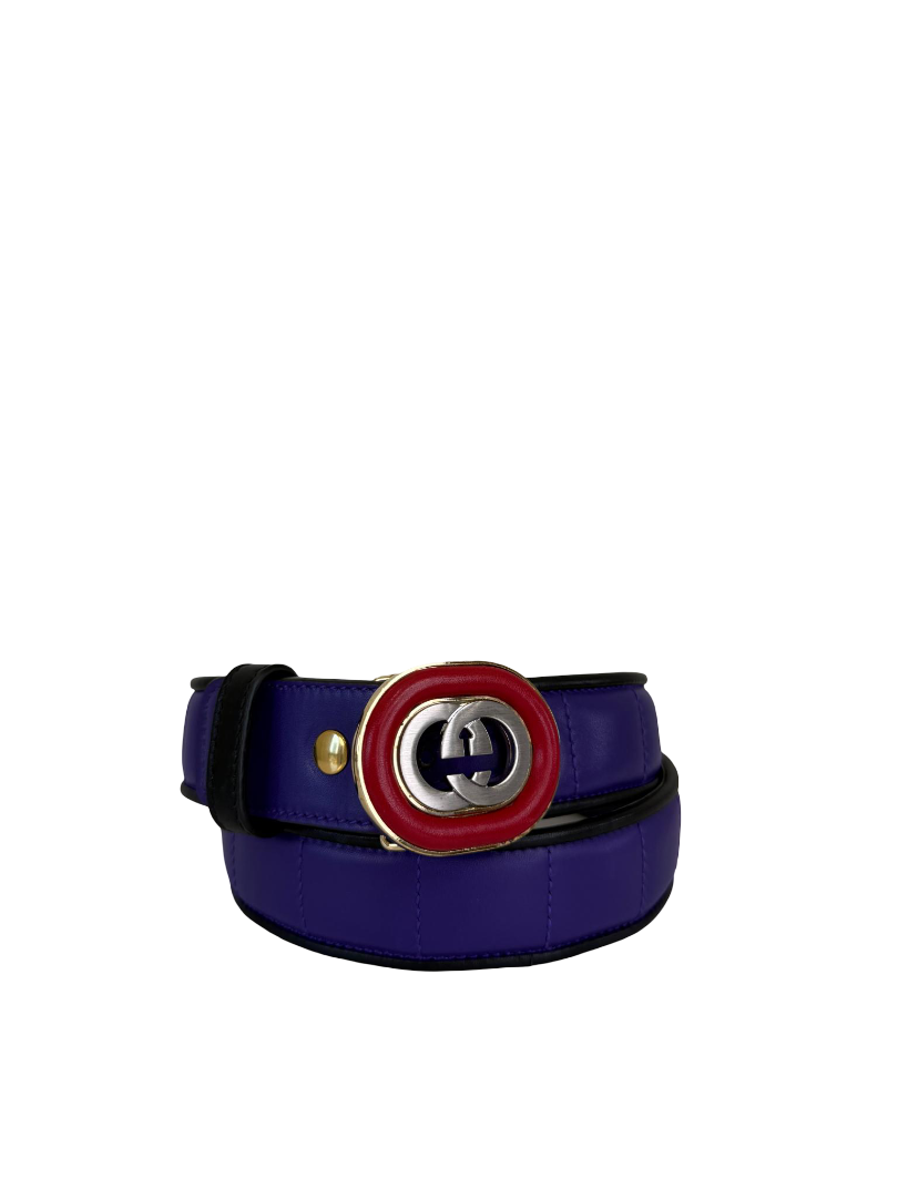 Gucci Interlocking G Logo Red Buckle Purple Leather Belt