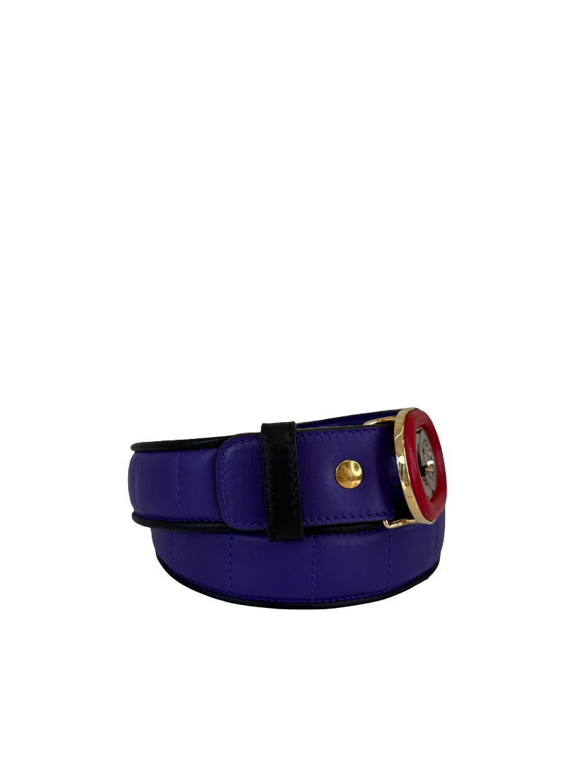 Gucci Interlocking G Logo Red Buckle Purple Leather Belt