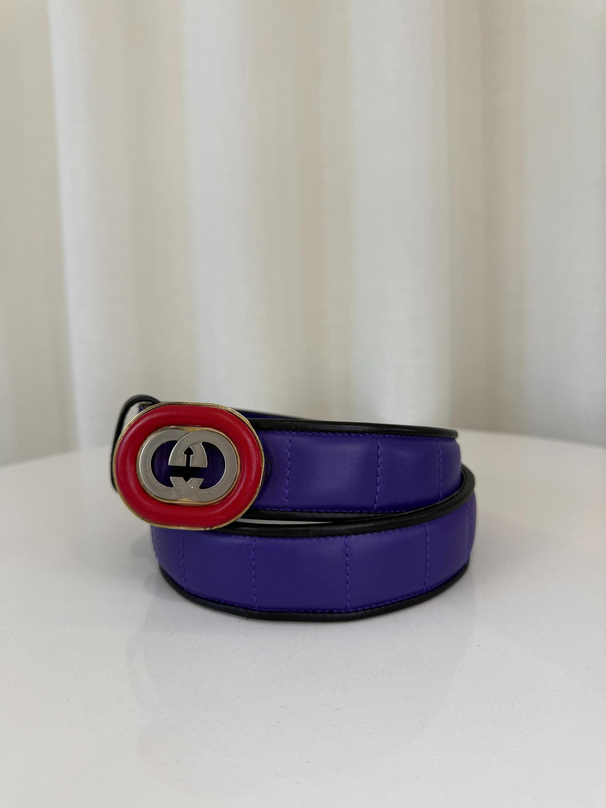 Gucci Interlocking G Logo Red Buckle Purple Leather Belt