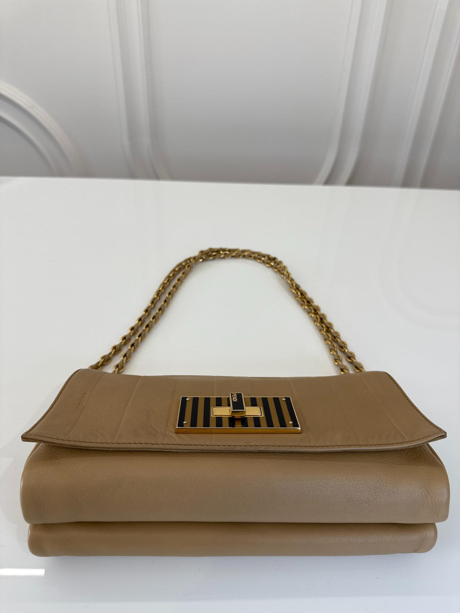Fendi Beige Pequin Embossed Leather Small Claudia Shoulder Bag