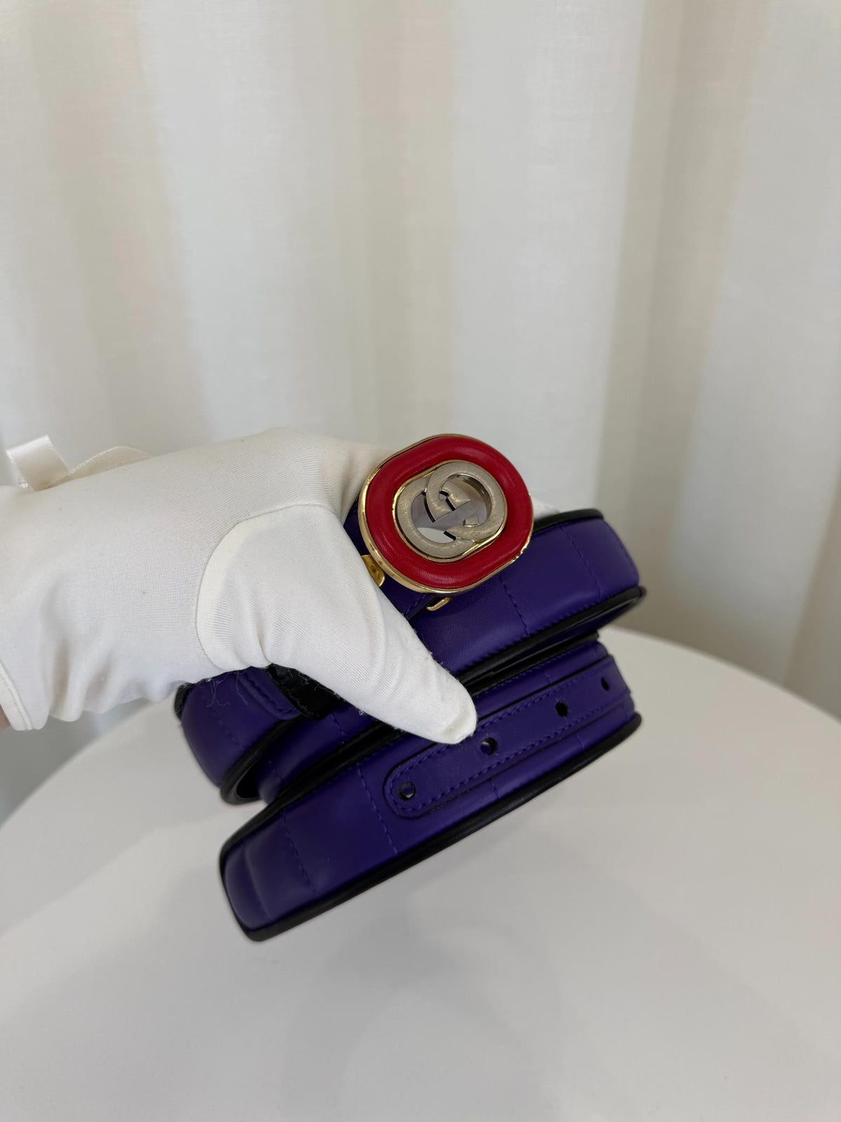 Gucci Interlocking G Logo Red Buckle Purple Leather Belt
