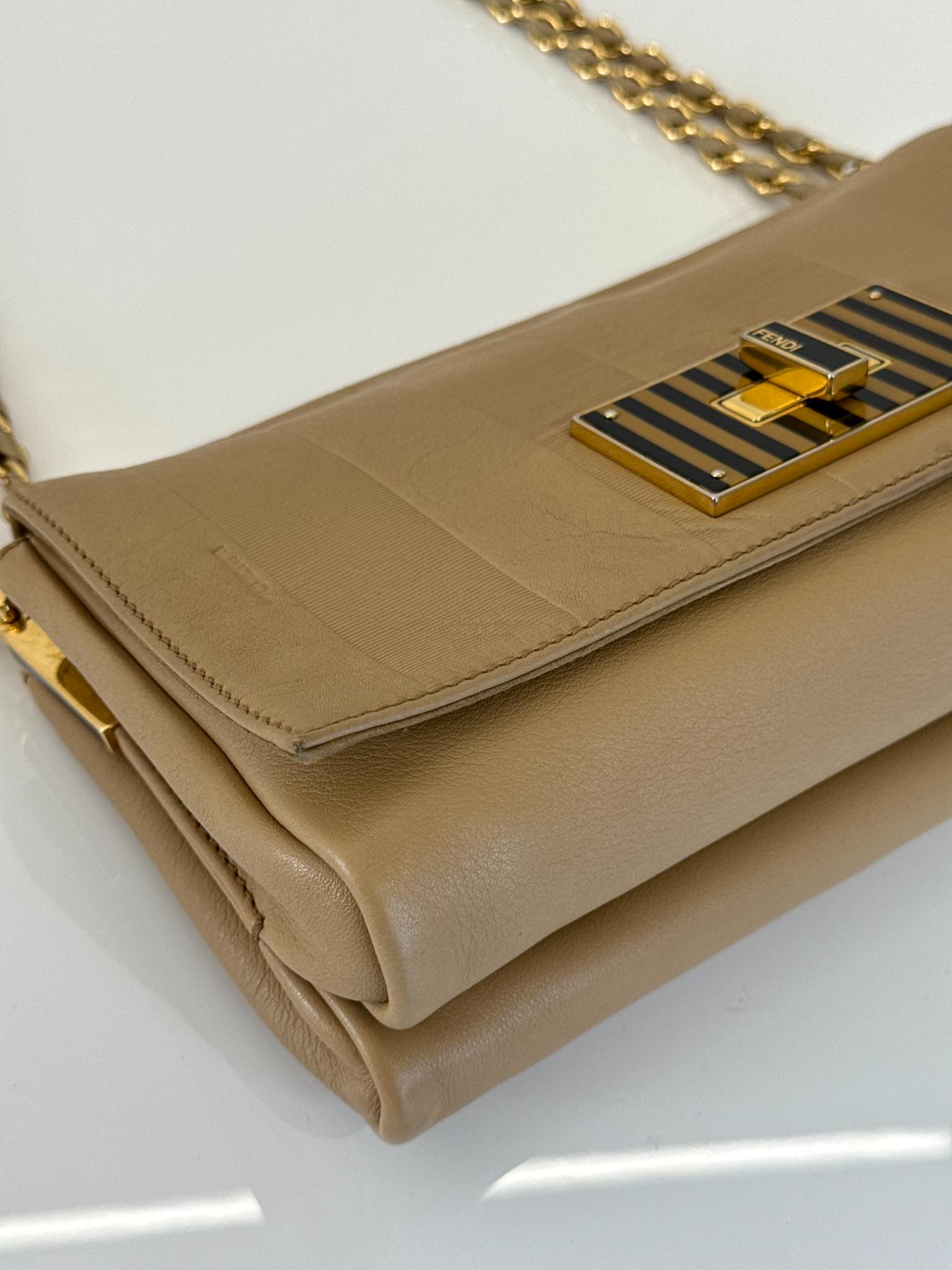 Fendi Beige Pequin Embossed Leather Small Claudia Shoulder Bag