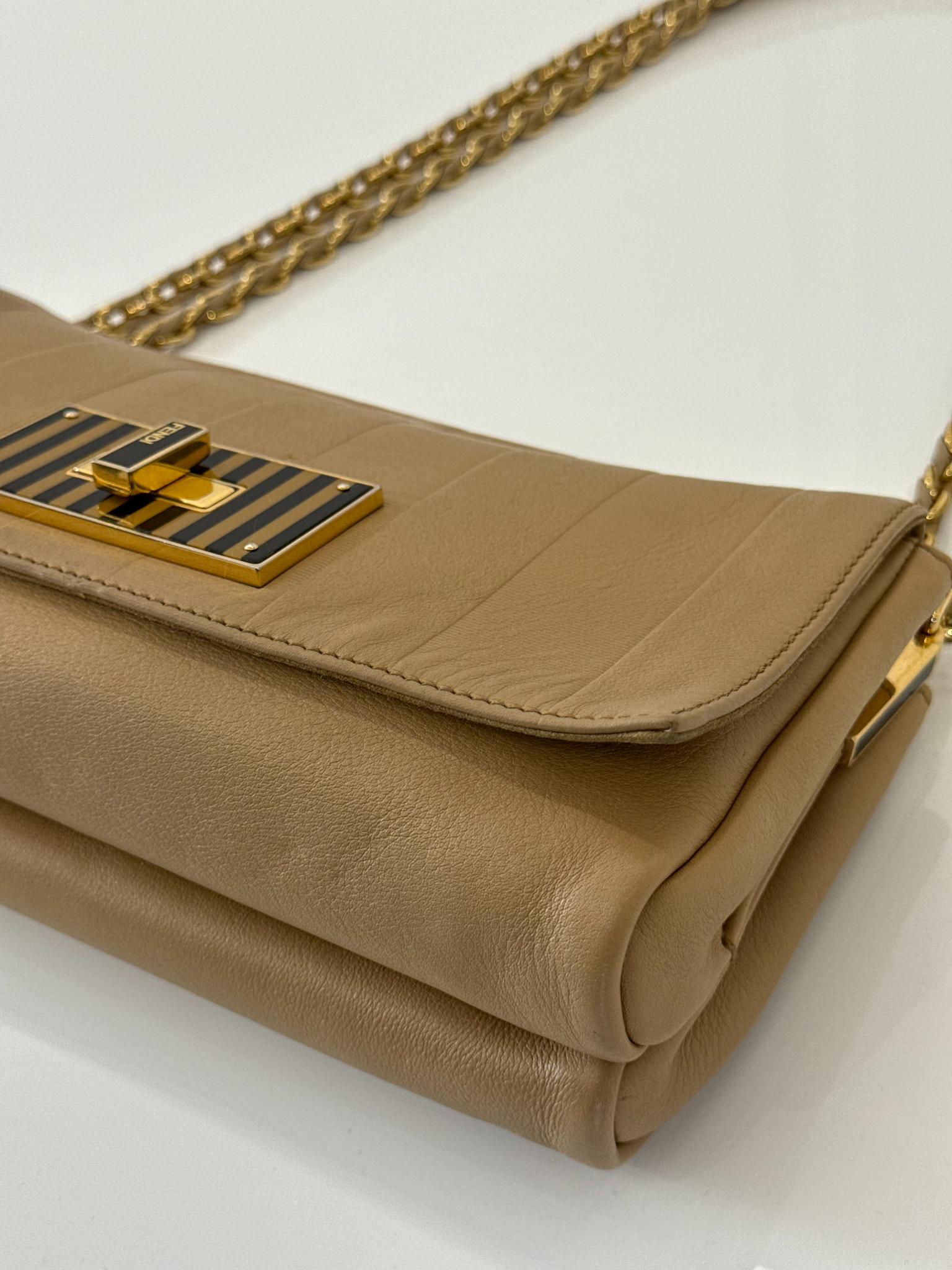 Fendi Beige Pequin Embossed Leather Small Claudia Shoulder Bag