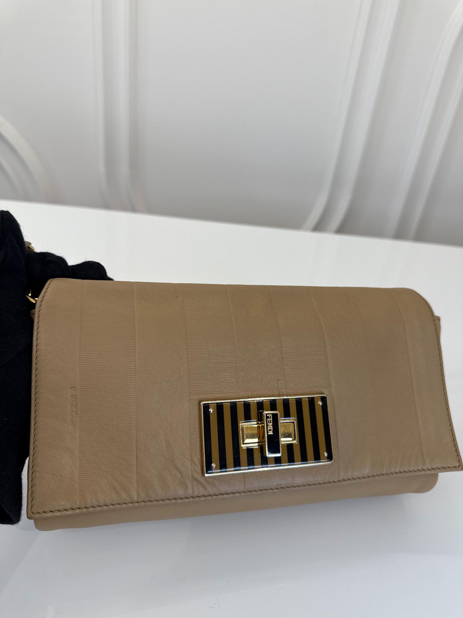Fendi Beige Pequin Embossed Leather Small Claudia Shoulder Bag
