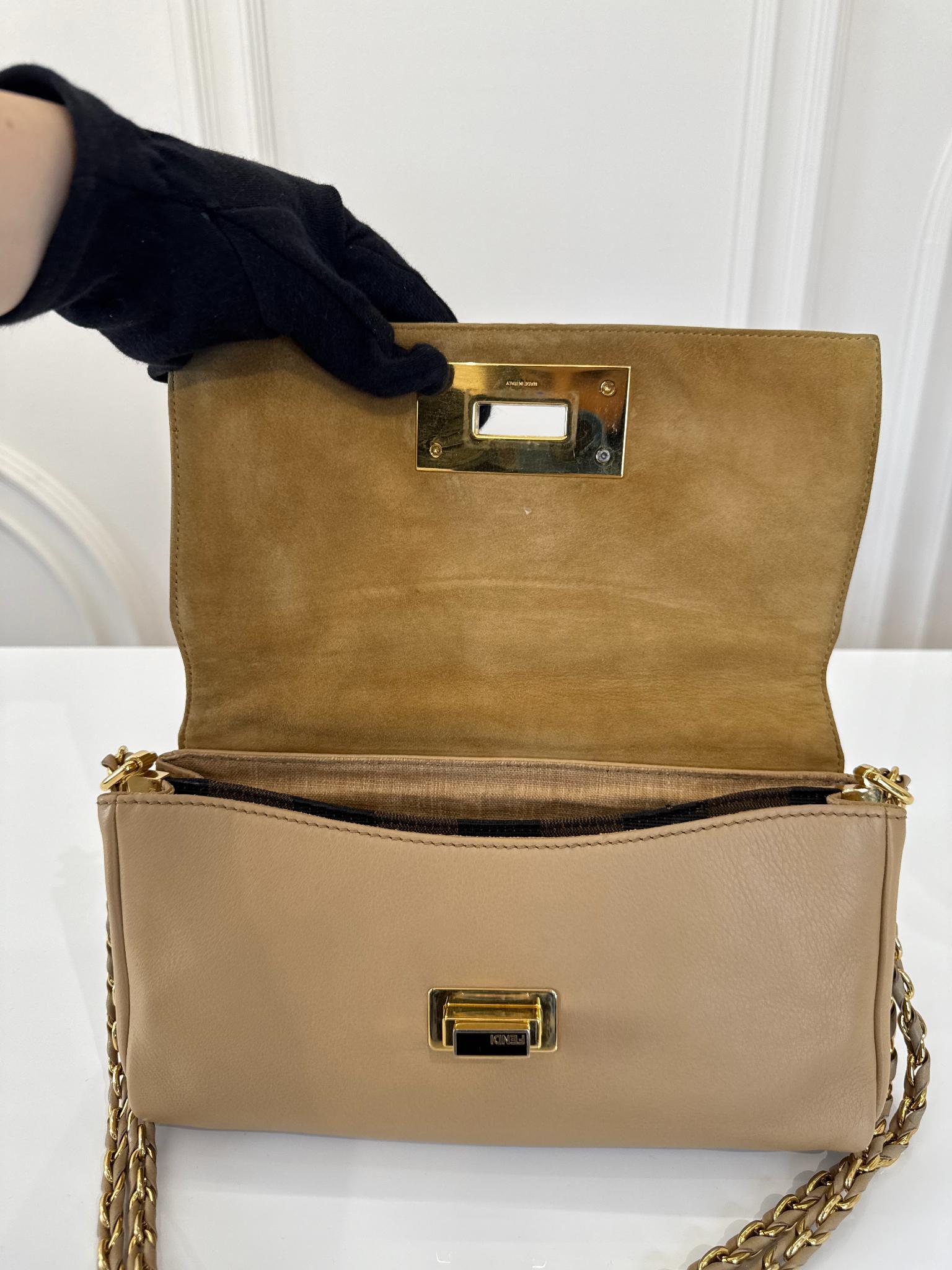 Fendi Beige Pequin Embossed Leather Small Claudia Shoulder Bag