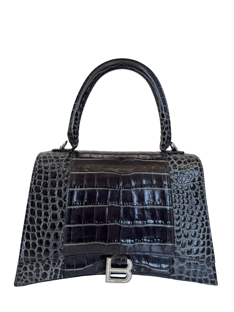 Balenciaga Medium Hourglass Croc Embossed Leather Top Handle Bag