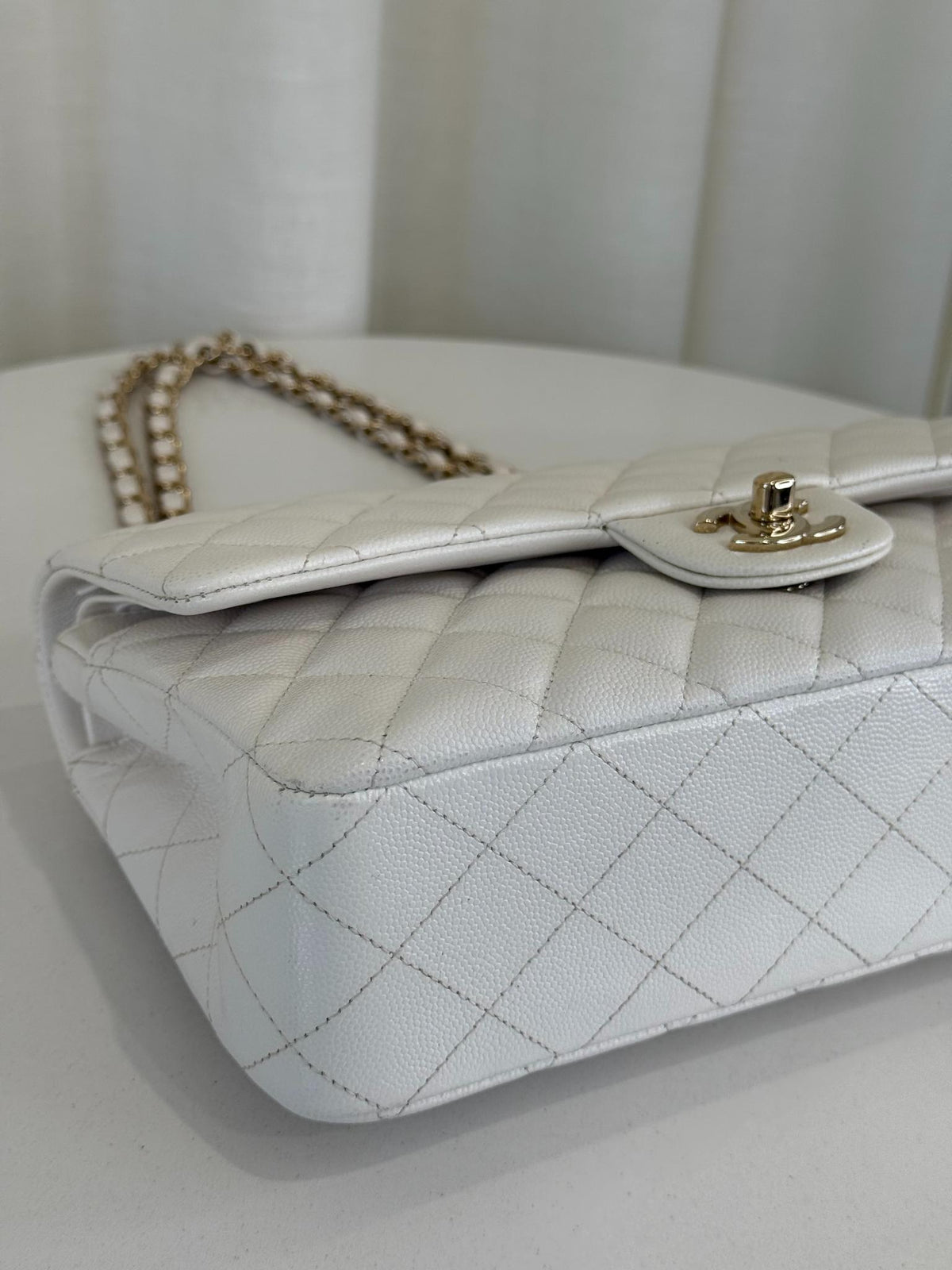 Chanel Classic White Medium Double Flap Caviar Light Gold