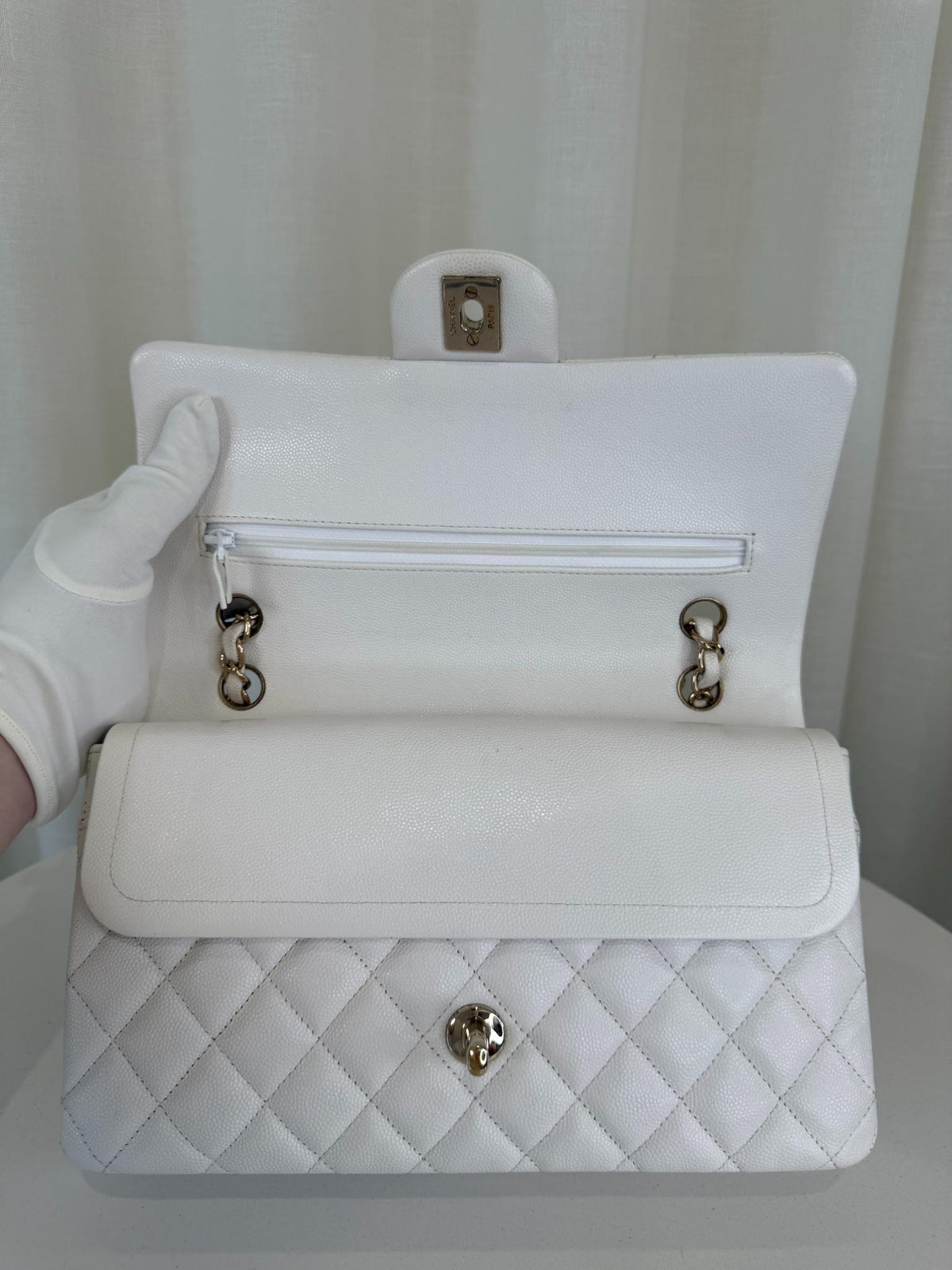 Chanel Classic White Medium Double Flap Caviar Light Gold