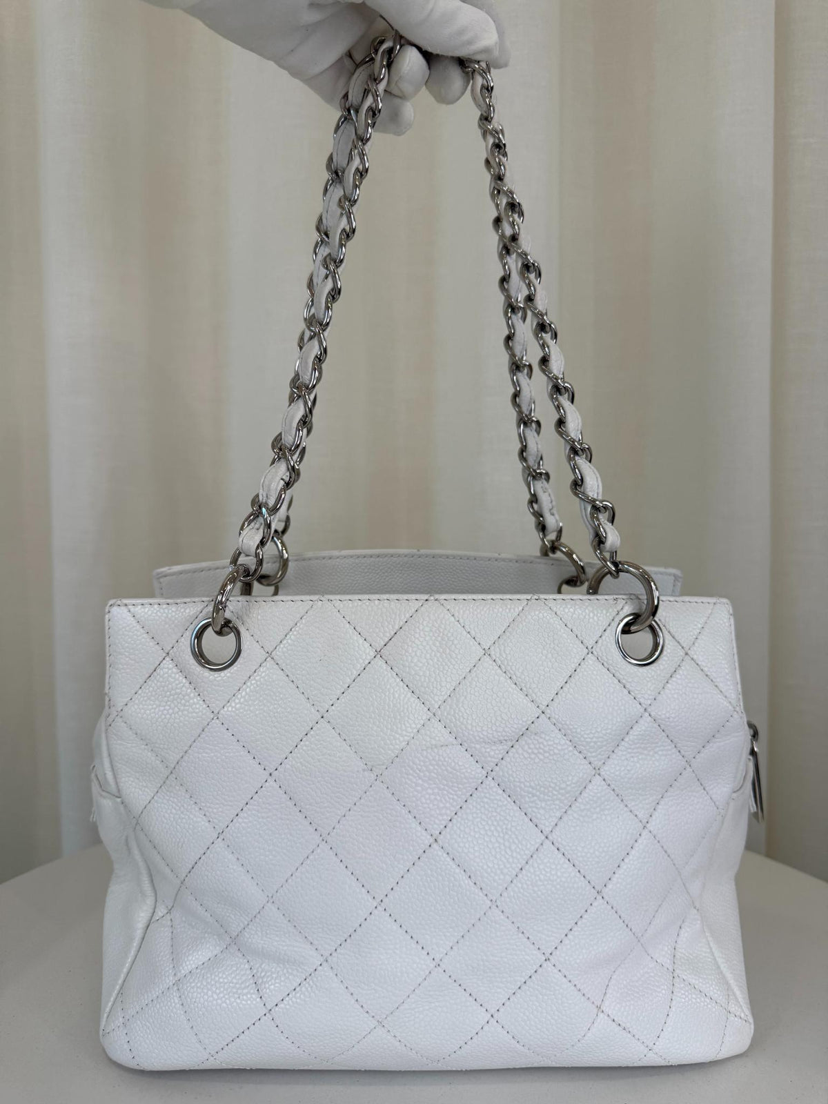 Chanel White Quilted Caviar Leather Petite Timeless Shopping Tote Bag