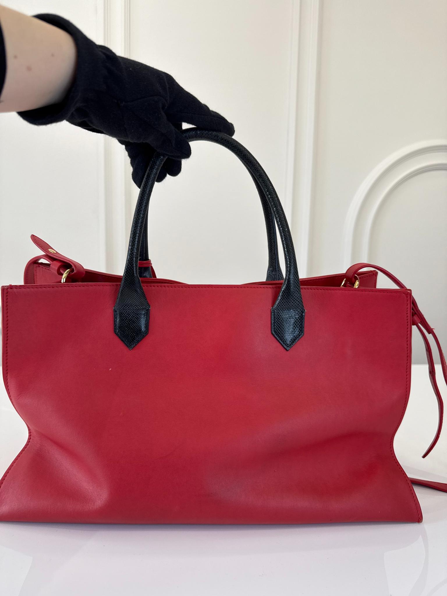 Balenciaga Red Smooth Calfskin Leather and Snake Padlock Work S Tote Bag