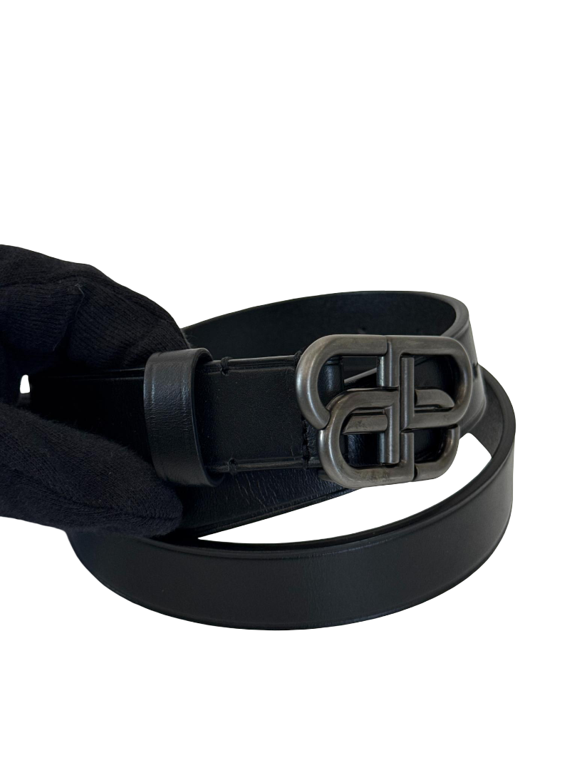 Balenciaga BB Black Calfskin Leather Thin Belt